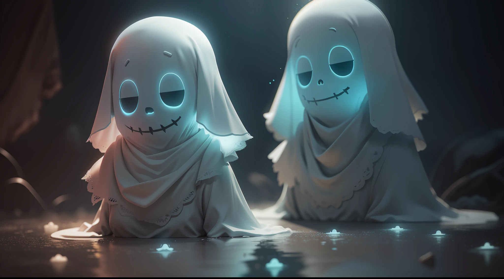 ghosts fluids, realistic image, lights, lighting, high details, 8k, high-quality:: dof, --ar 2:1