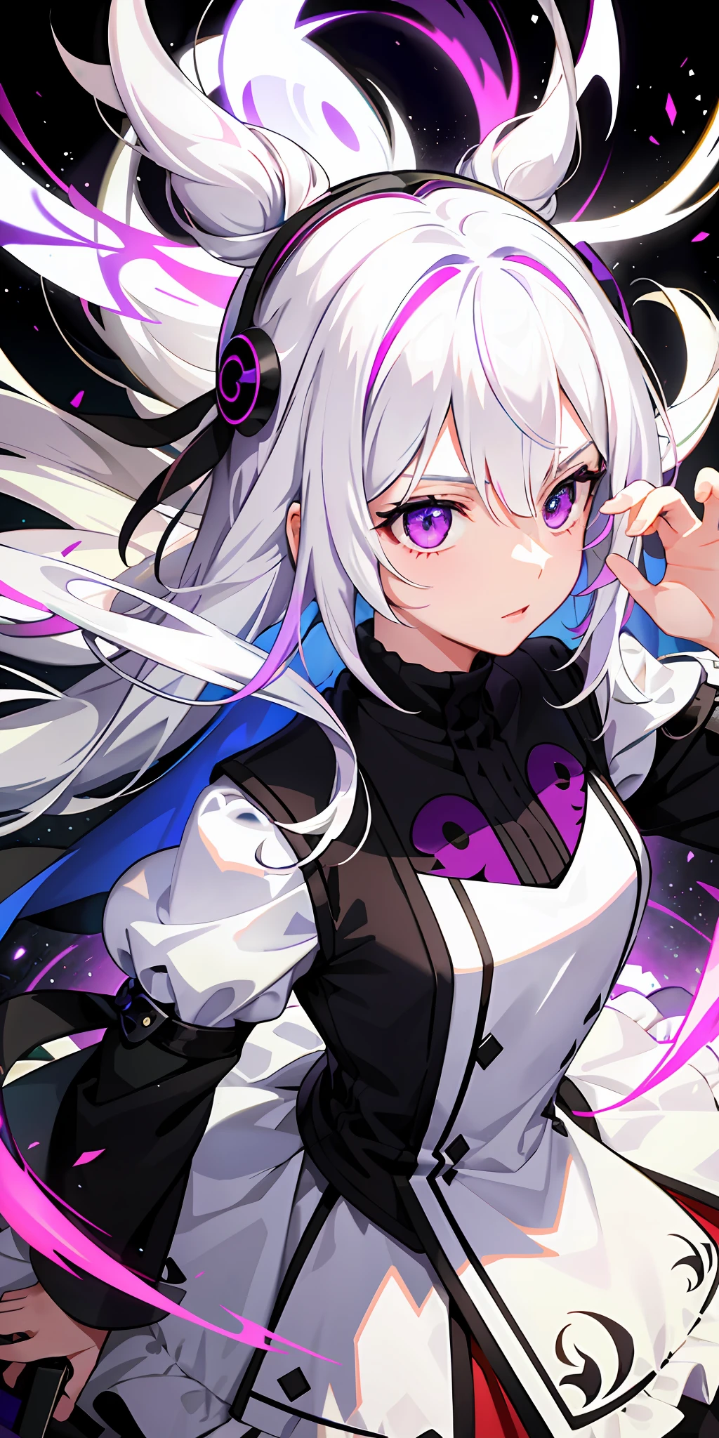 1girl, white hair, multicolored hair, purple eyes, mask on head, sidelighting, light particles, wallpaper,