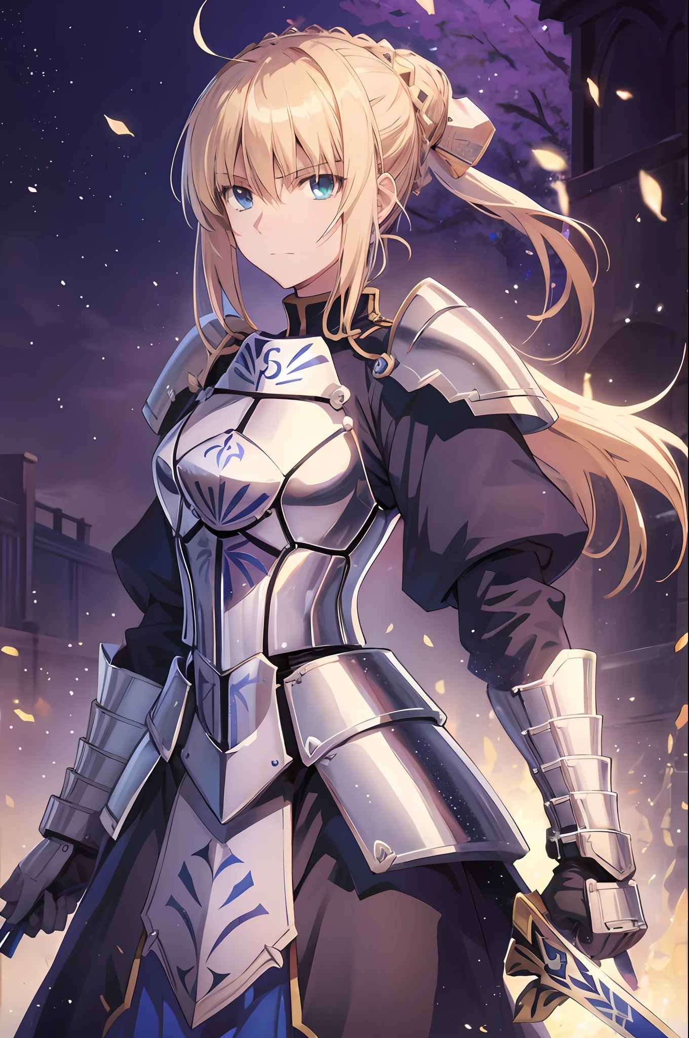 artoria pendragon \(fate\), anime style beautiful woman, 1girl, armor, excalibur, \(fate/stay night\), holding sword:1.1, simple background, shiny skin, highest quality, high resolution.