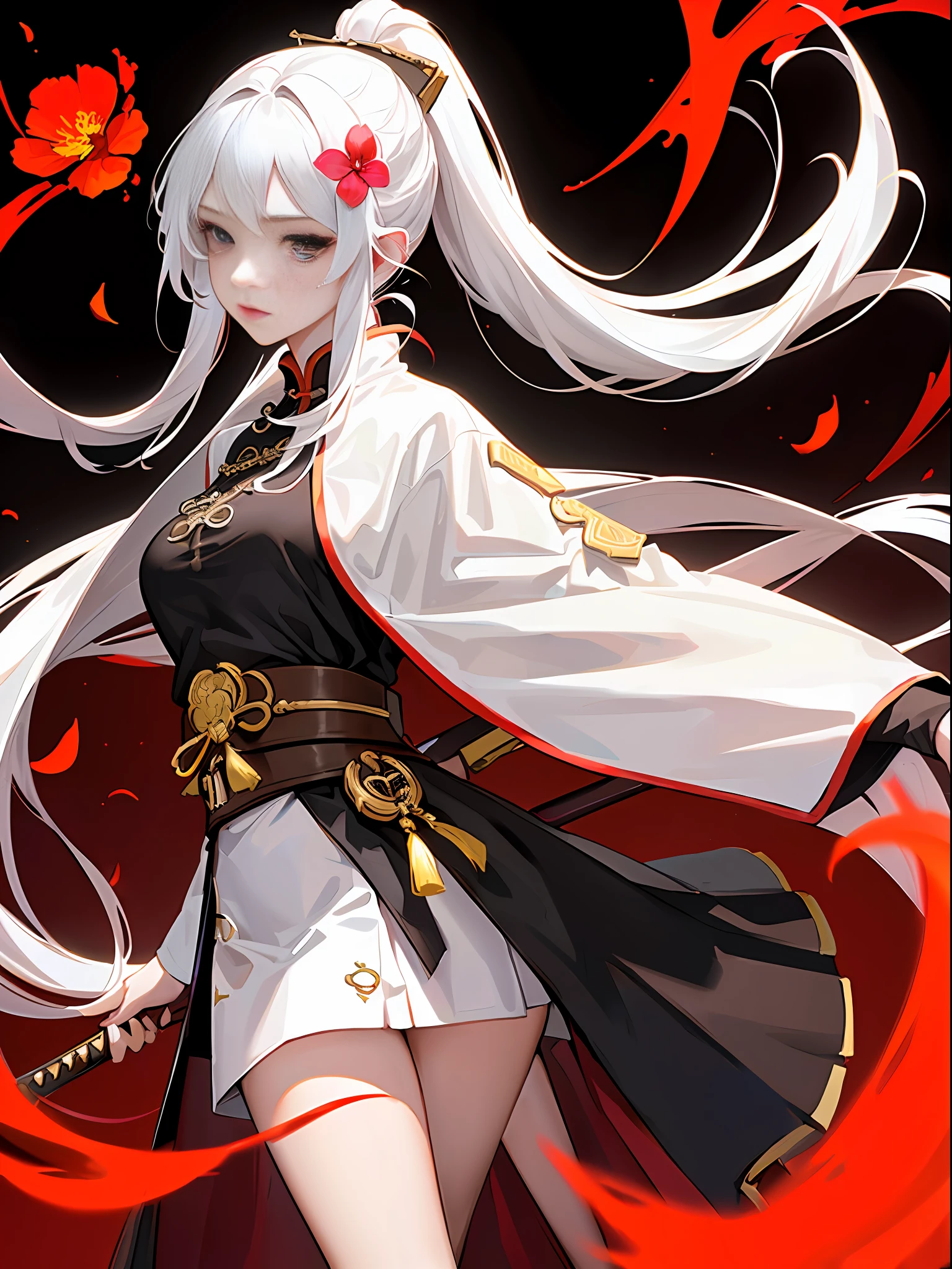 ((masterpiece, best quality, 4K)),1girl,solo,white hair, long hair,high ponytail,hair flower,red and yellow,themes,holding weapon,sword,chinese clothes, .