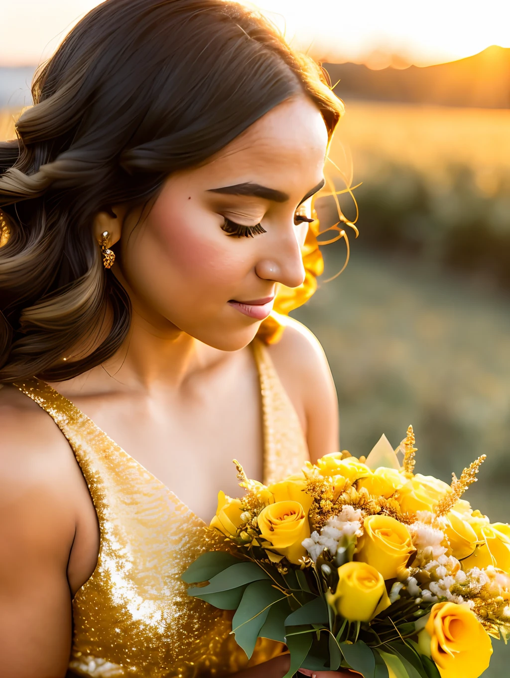 arafed woman in a gold dress smelling a bouquet of flowers, soft golden hour lighting, in the golden hour, golden hour sunlight, bathed in golden light, golden hour light, soft golden light, golden morning light, at the golden hour, at golden hour, golden hour lighting, gold hour light, golden hour sun, ( golden hour ), (golden hour)
