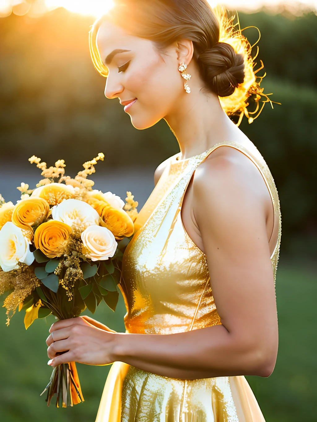 arafed woman in a gold dress smelling a bouquet of flowers, soft golden hour lighting, in the golden hour, golden hour sunlight, bathed in golden light, golden hour light, soft golden light, golden morning light, at the golden hour, at golden hour, golden hour lighting, gold hour light, golden hour sun, ( golden hour ), (golden hour)