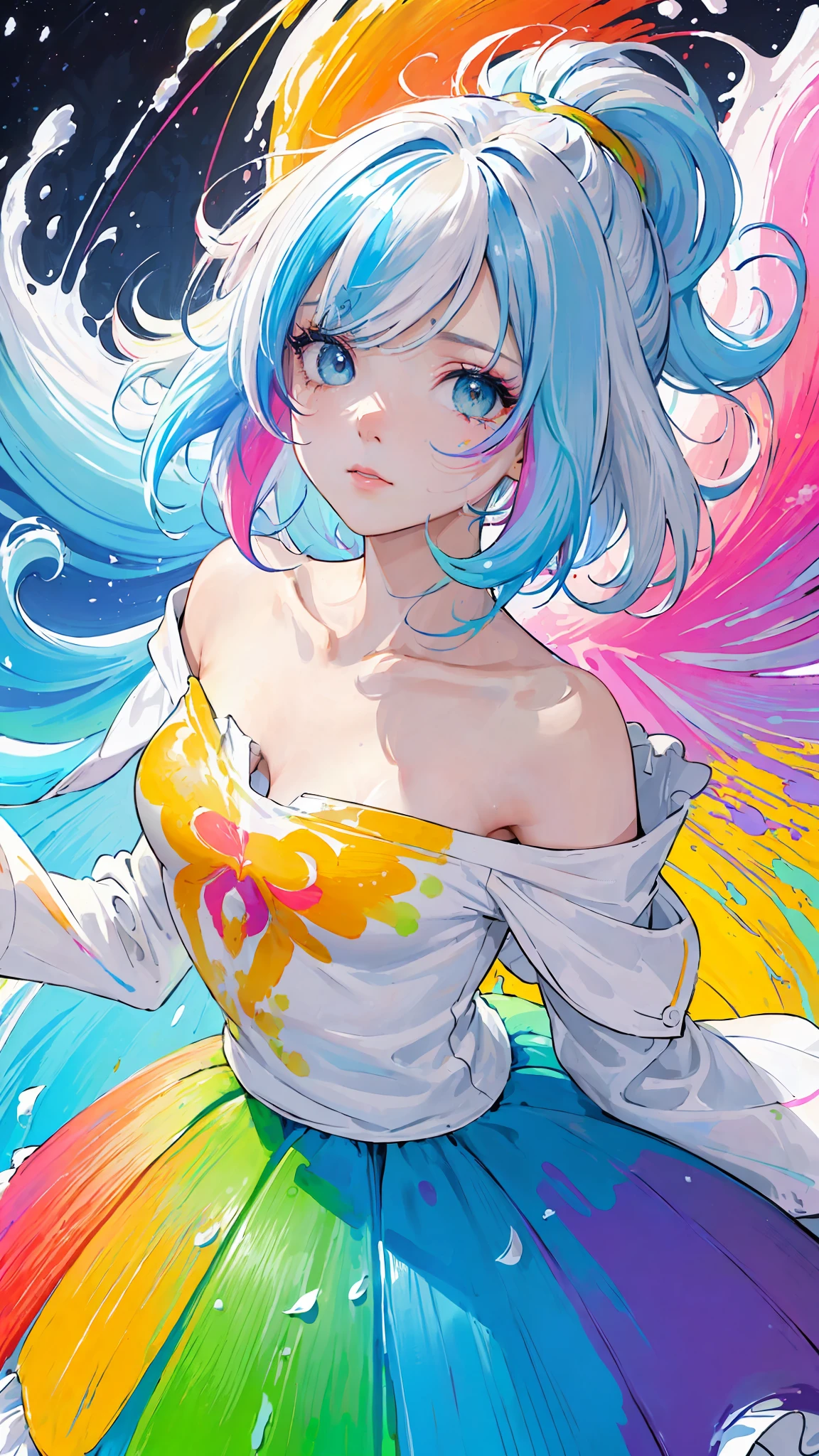 (Pink Fashion T-shirt:1.9),(Colorful hair: 1.8), (all the colours of the rainbow: 1.8),(((((vertical painting:1.6))), (painting:1.6),front, comics, illustrations, paintings, large eyes, crystal clear eyes,( rainbow color gradient high ponytail:1.7), exquisite makeup, closed mouth,(Small Fresh: 1.5),(Wipe Chest: 1.6) ,long eyelashes, white off shoulder T-shirt, White Shoulder Shirt,looking at the audience, large watery eyes, (rainbow colored hair:1.6), color splash, (solo:1.8), color splash, color explosion, thick paint style, messy lines, ((shining)),(colorful), (colorful), (colorful), colorful, Thick Paint Style, (Splash) (Color Splash), Vertical Painting, Upper Body, Paint Splash, Acrylic Pigment, Gradient, Paint, Highest Image Quality, Highest Quality, Masterpiece, Solo, Depth of Field, Face Paint, colorful clothes, (Elegant: 1.2), gorgeous,long hair, wind, (Elegant: 1.3), (Petals: 1.4),(((masterpiece))),(((best quality))),((ultra-detailed)),(illustration),(dynamic angle),((floating)),(paint),((disheveled hair)),(solo),(1girl) , (((detailed anima face))),((beautiful detailed face)),collar,bare shoulders,white hair, ((colorful hair)),((streaked hair)),beautiful detailed eyes,(Gradient color eyes),(((colorful eyes))),(((colorful background))),(((high saturation))),(((surrounded by colorful splashes))),
