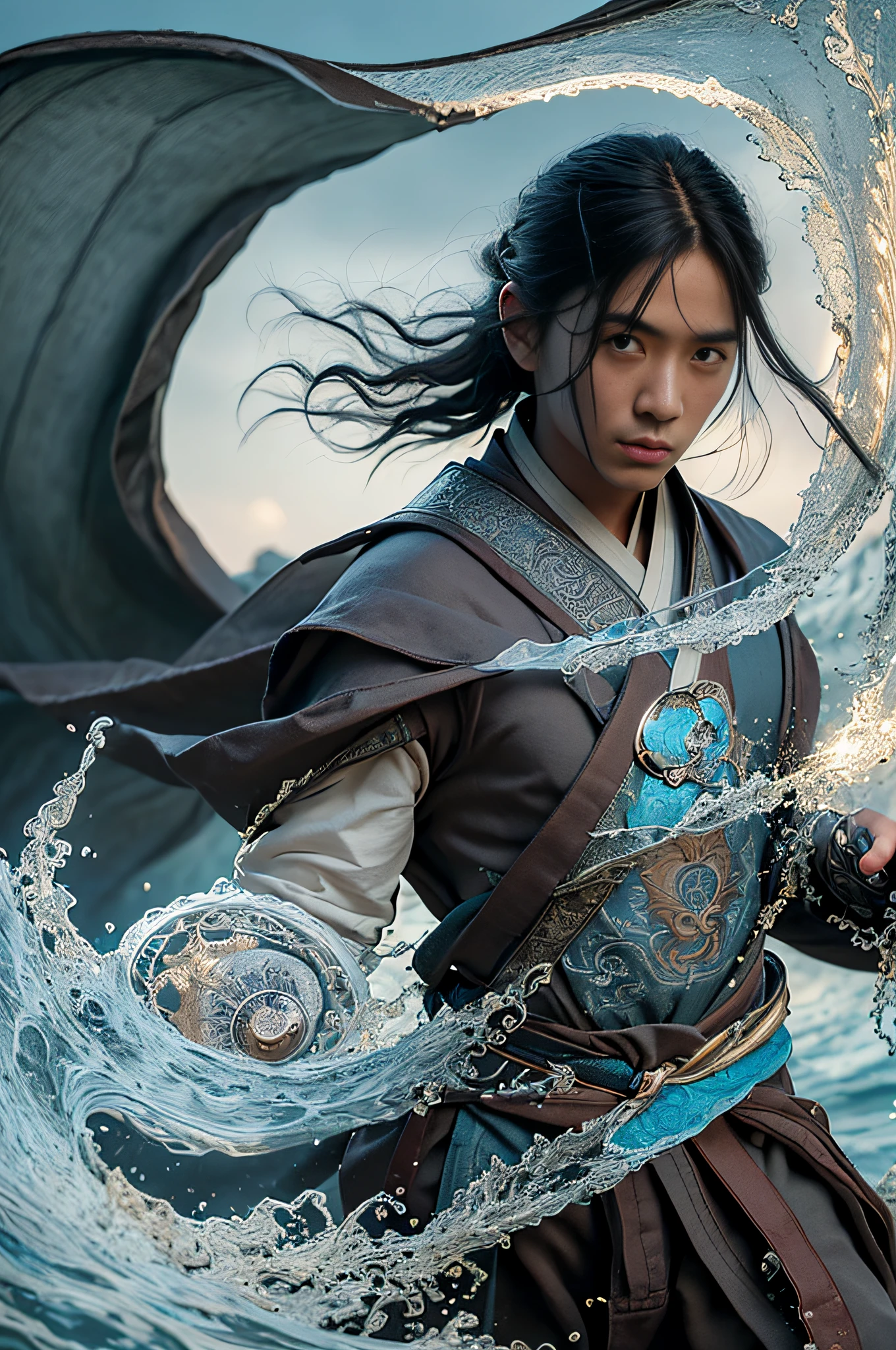 Best quality, masterpiece, super high resolution, hanfu, jade water book, black hair, water, waves, crashing waves, spells, fa gong, (absurd, high resolution, super detailed), Asian, 1 male, eighteen-year-old boy, handsome, tall muscular man, broad shoulders, very short hair, bottom cut, dark brown eyes, fine eyes and detailed face, extremely detailed CG Unity 8k wallpaper, intricate details, (Style Swirl Magic: 0.7), Looking at the Audience, Solo, (Full Body: 0.6), Detailed Background, Detailed Face, (European Medieval Fantasy Theme: 1.1), Hair Fluttering in the Wind, Martial Artist, Dynamic Pose, Combat Stance, Clenched Fists, Fingerless Gauntlet, Wristband, Dragon-themed Costume, Monk Robe, Rotating Floating Particles, Dynamic Composition, Upper Body Naked, Big Muscles, White Rubber Pants, ((((Crotch Bulge)))