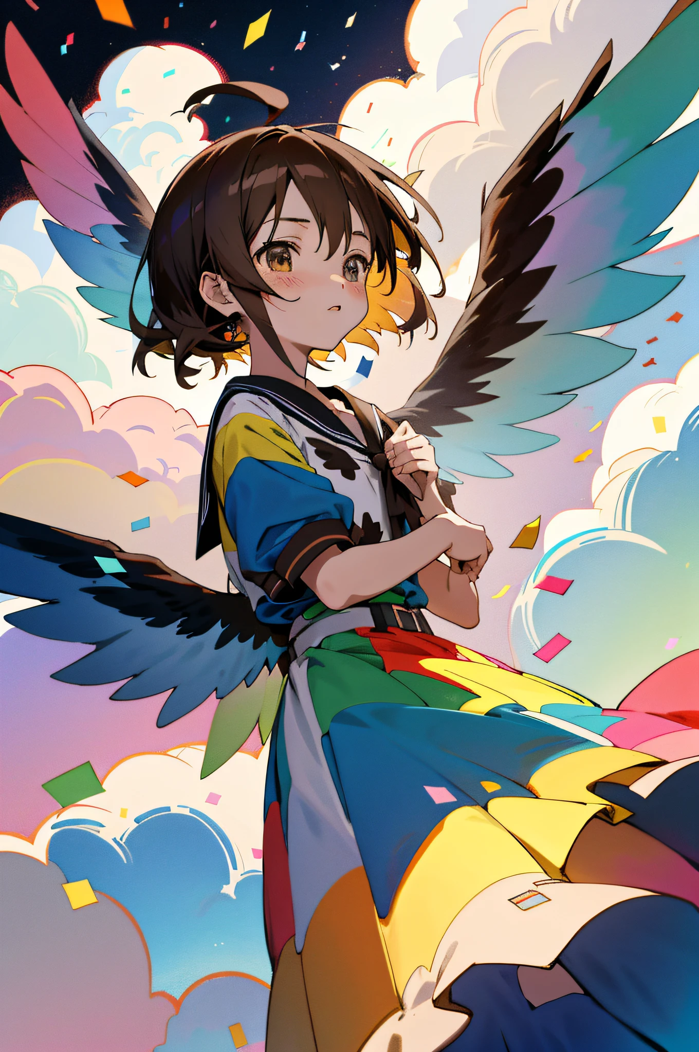 an anime girl with wings in front of clouds, in the style of colorful patchwork, blocky, confetti-like dots, dark brown and dark blue, i can't believe how beautiful this is, lowbrow, childlike innocence and charm