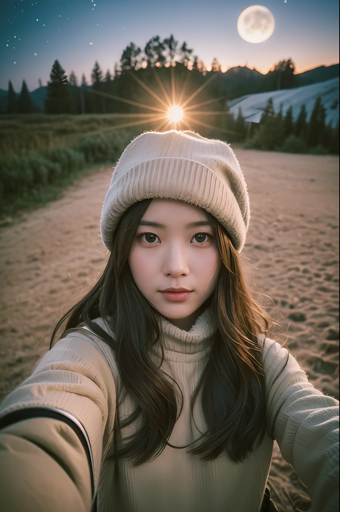 VeronicaCipher ((upper body selfie, happy)), masterpiece, best quality, ultra-detailed, solo, outdoors, (night), mountains, nature, (stars, moon) cheerful, happy, backpack, sleeping bag, camping stove, water bottle, mountain boots, gloves, sweater, hat, flashlight, forest, rocks, river, wood, smoke, shadows, contrast, clear sky, analog style (look at viewer:1.2) (skin texture) (film grain:1.3), (warm hue, warm tone) :1.2), close up, cinematic light, sidelighting, ultra high res, best shadow, RAW, upper body,  , wearing pullover
kodak vision 3,