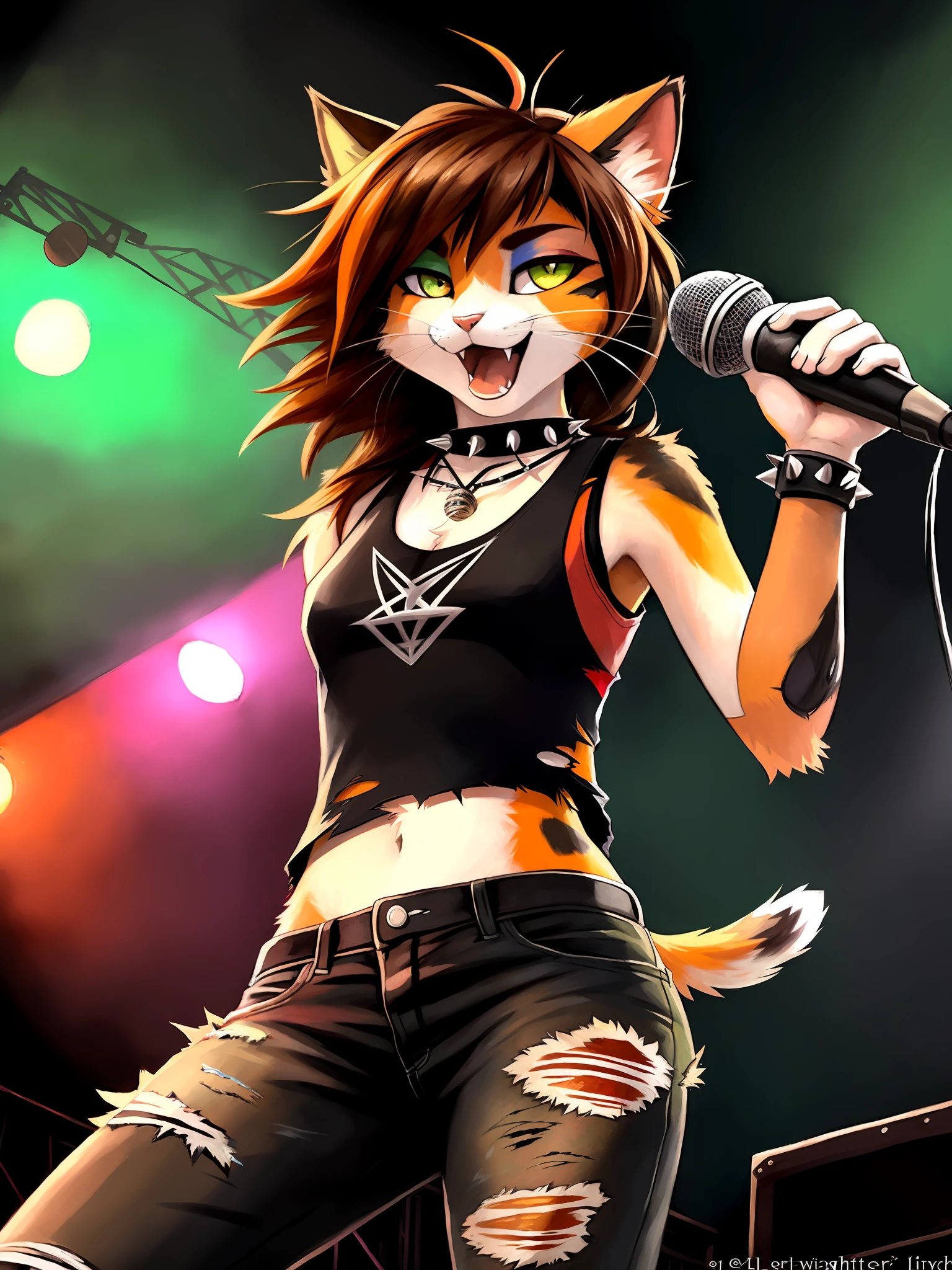 uploaded the E621, beautiful and detailed portrait of a woman (((female))) anthro cat, kenket, uploaded to E621, kilinah, lighting Zenematic, seductor, bl, cat, thighighs, big chest, full body, beautiful, messy hair, brown hair, white eyes, thicc, alone, standing, long hair, 2-tone hair ((orange | black)), cat ears, totora, totora, thighighs, calico cat, heterochromia ((green | blue)),  punk clothing ((torn sleeveless shirt)), black torn pants, spiked necklace, makeup ((death metal)), singing ((microphone in hand)), concert, detailed lights, smoke, death metal band, red lights, closed eyes, sharp fangs, singing death metal, dynamic pose