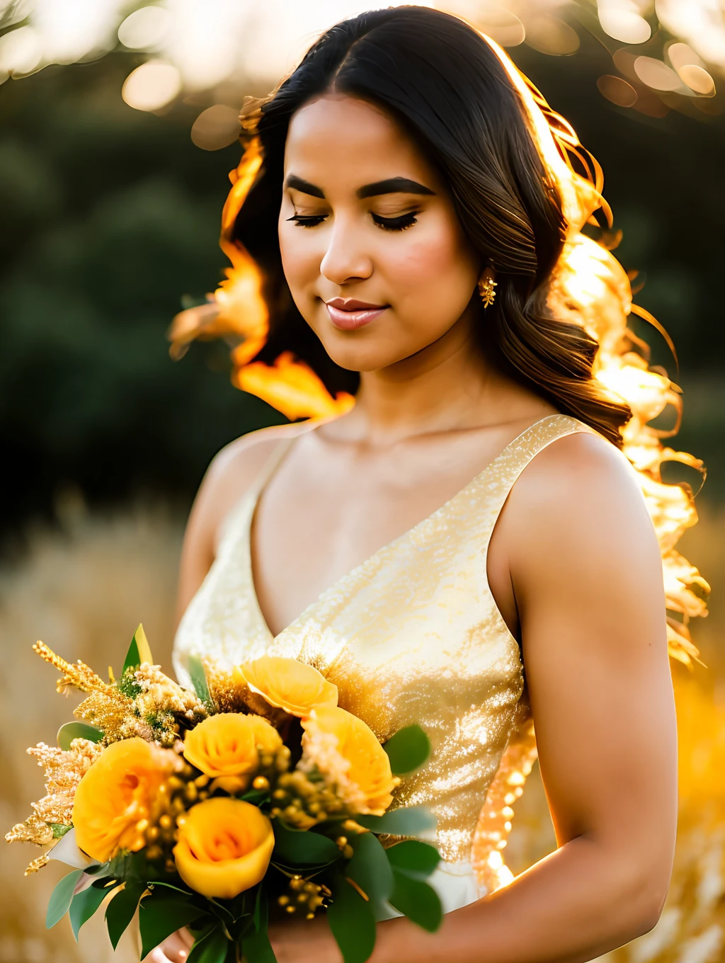 arafed woman in a gold dress smelling a bouquet of flowers, soft golden hour lighting, in the golden hour, golden hour sunlight, bathed in golden light, golden hour light, soft golden light, golden morning light, at the golden hour, at golden hour, golden hour lighting, gold hour light, golden hour sun, ( golden hour ), (golden hour)