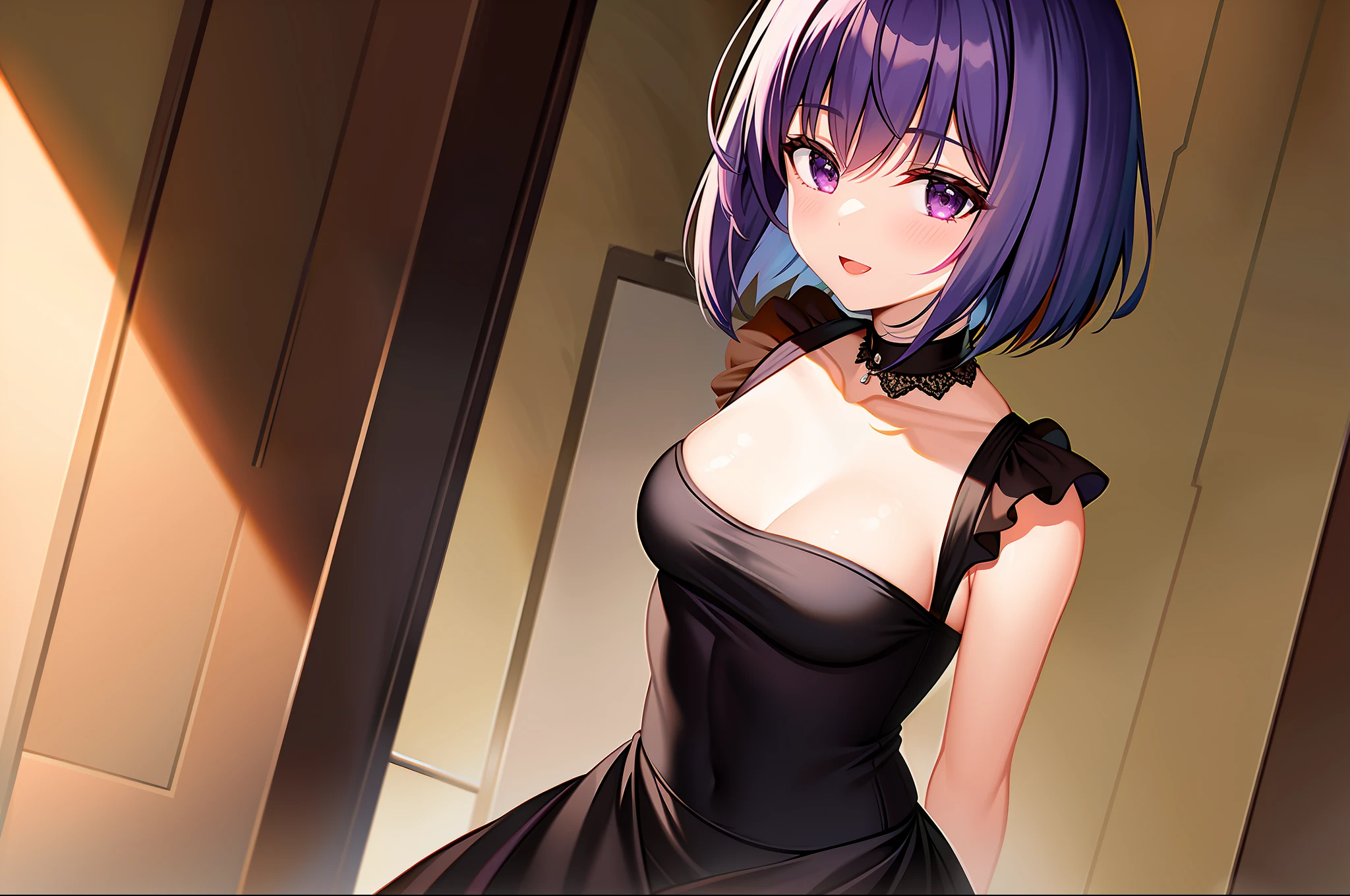 masterpiece,(best quality),(1girl) girl with purple bob cut small breasts black dress