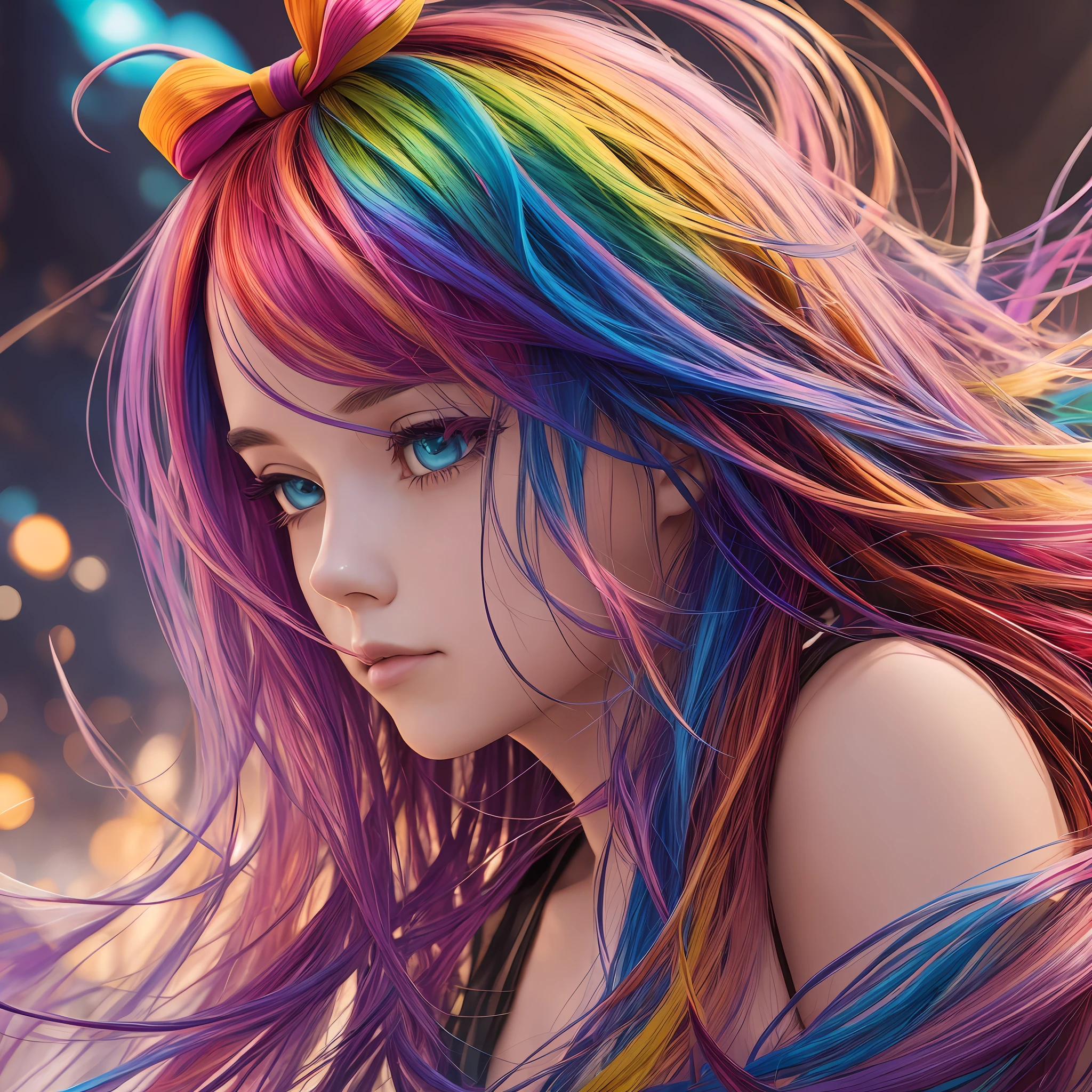 multicolored hair, hair ribbon, Surrealism, cinematic lighting, close-up, UHD, high details, masterpiece --auto --s2