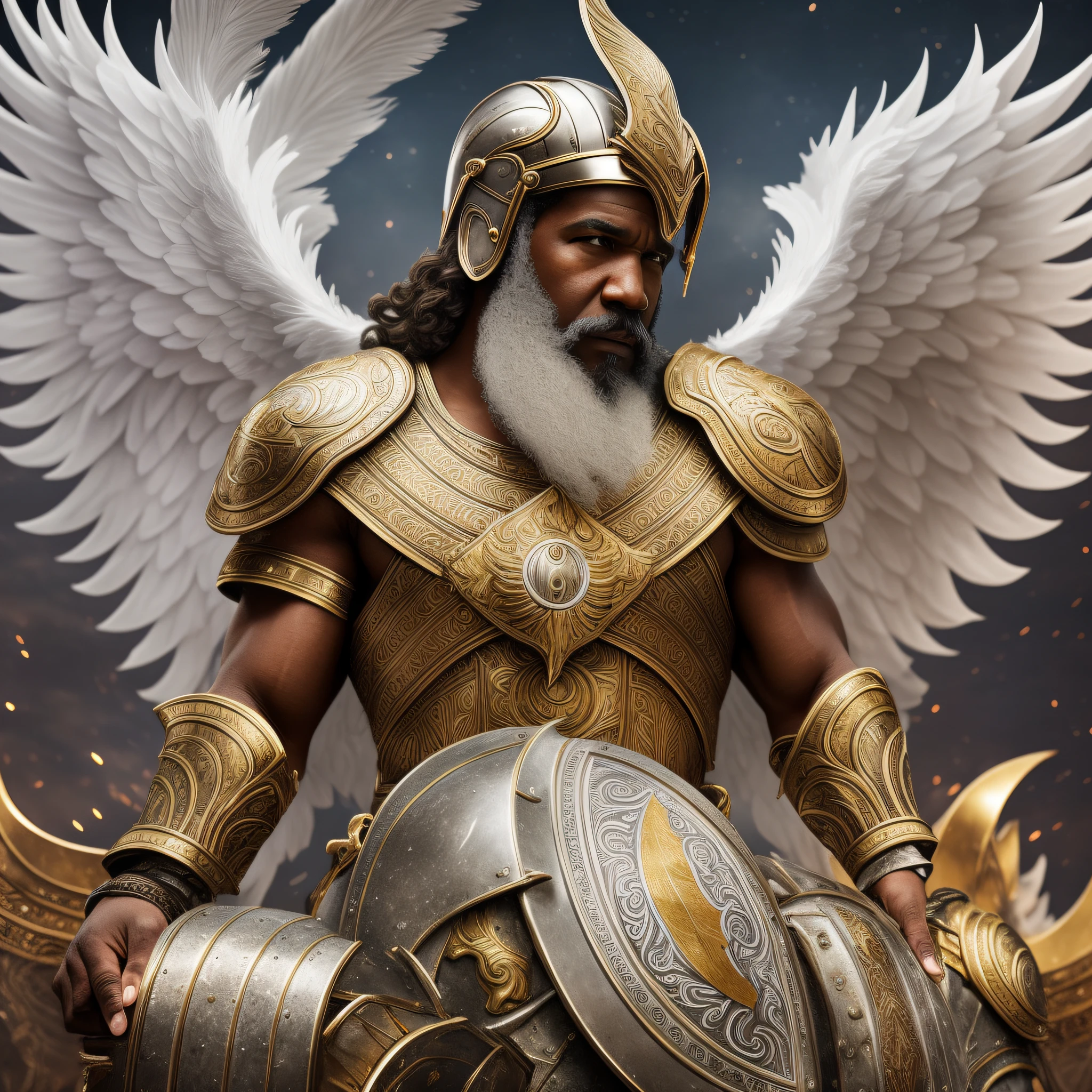 There is a man with wings sitting on a cloud with a universe in the background, 56 years old, winged human, majestic full-bodied angel, face of Denzel Washington, angel wings on his back of gray and white colors, realistic photo, mature and majestic man, imposing angel, on his head a great halo light (1.66), dark brown skin, curly gray close beard,  on the head helmet of Roman gladiator, white clothing, golden adornments, blurred blur universe background(1), dim light to the environment, --auto --s2