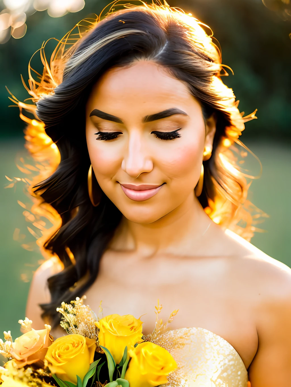 arafed woman in a gold dress smelling a bouquet of flowers, soft golden hour lighting, in the golden hour, golden hour sunlight, bathed in golden light, golden hour light, soft golden light, golden morning light, at the golden hour, at golden hour, golden hour lighting, gold hour light, golden hour sun, ( golden hour ), (golden hour)
