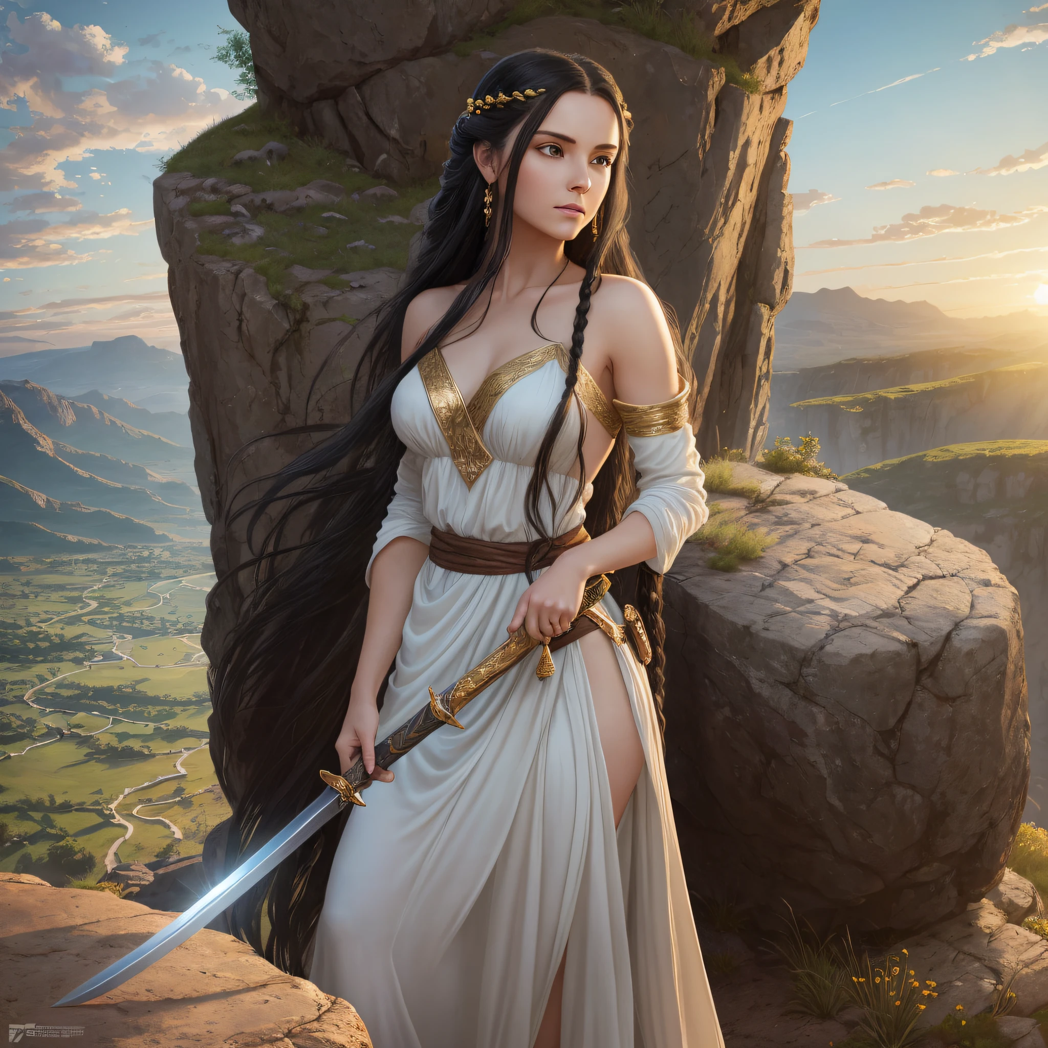 (detailed) A young woman with long black hair and piercing green eyes, standing on a rocky outcropping overlooking a vast valley. She wears a flowing white dress and holds a sword in her hand. The scene is set at sunset, with warm golden light bathing the landscape. (8k resolution:1.2) --auto --s2