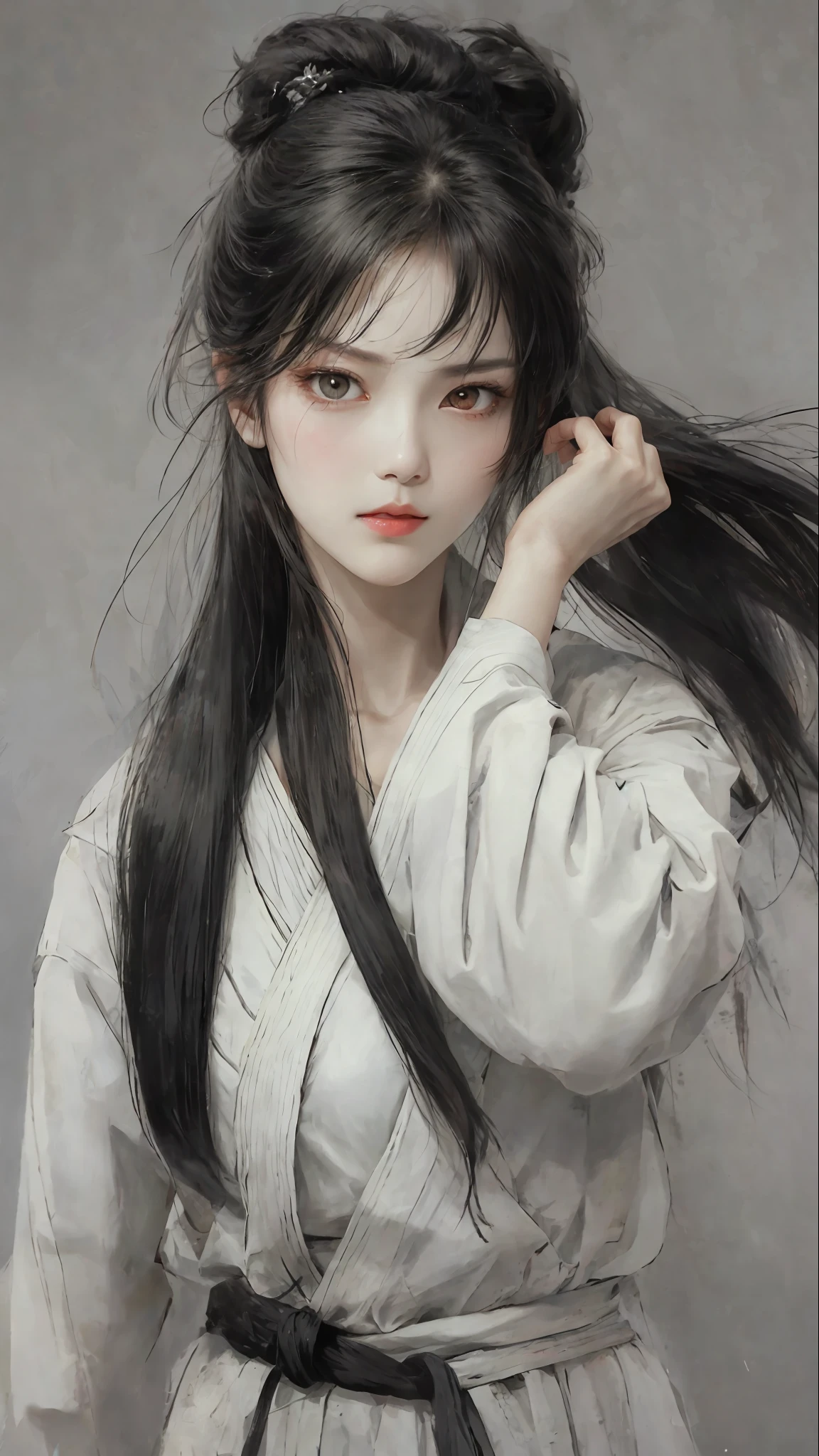 A close-up of a woman with black hair, martial arts style, white clothes, face delicate and colorful, light color, fierce eyes, martial arts style, national style, delicate and beautiful face, waist seal, sharp eyes
