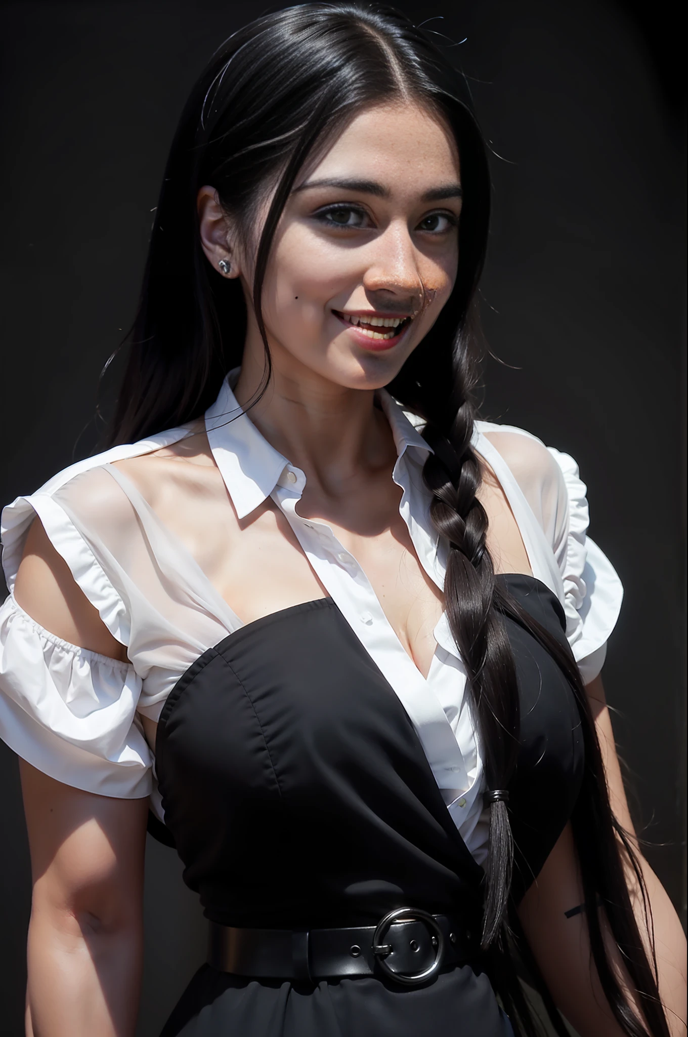 Lauren Jauregui, smiling, woman with a beautiful black dress, and a white shirt, gothic, black background