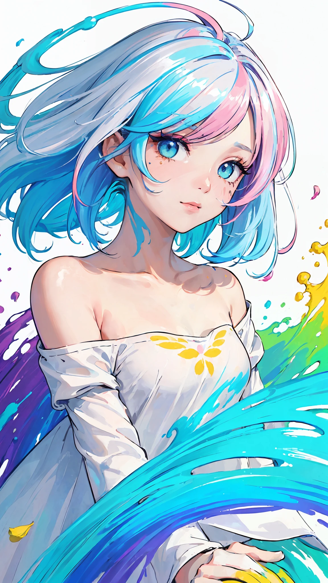(Pink Fashion T-shirt:1.9),(Colorful hair: 1.8), (all the colours of the rainbow: 1.8),(((((vertical painting:1.6))), (painting:1.6),front, comics, illustrations, paintings, large eyes, crystal clear eyes,( rainbow color gradient high ponytail:1.7), exquisite makeup, closed mouth,(Small Fresh: 1.5),(Wipe Chest: 1.6) ,long eyelashes, white off shoulder T-shirt, White Shoulder Shirt,looking at the audience, large watery eyes, (rainbow colored hair:1.6), color splash, (solo:1.8), color splash, color explosion, thick paint style, messy lines, ((shining)),(colorful), (colorful), (colorful), colorful, Thick Paint Style, (Splash) (Color Splash), Vertical Painting, Upper Body, Paint Splash, Acrylic Pigment, Gradient, Paint, Highest Image Quality, Highest Quality, Masterpiece, Solo, Depth of Field, Face Paint, colorful clothes, (Elegant: 1.2), gorgeous,long hair, wind, (Elegant: 1.3), (Petals: 1.4),(((masterpiece))),(((best quality))),((ultra-detailed)),(illustration),(dynamic angle),((floating)),(paint),((disheveled hair)),(solo),(1girl) , (((detailed anima face))),((beautiful detailed face)),collar,bare shoulders,white hair, ((colorful hair)),((streaked hair)),beautiful detailed eyes,(Gradient color eyes),(((colorful eyes))),(((colorful background))),(((high saturation))),(((surrounded by colorful splashes))),