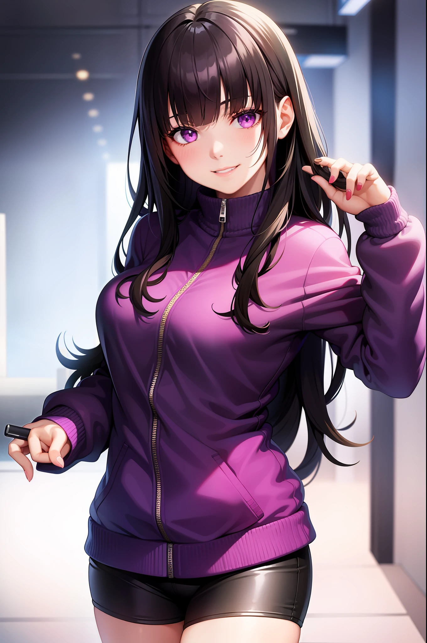 1girl, black hair, blunt bangs, long hair, purple eyes, street jacket, bestquality, realistic, realism, smile, seductive