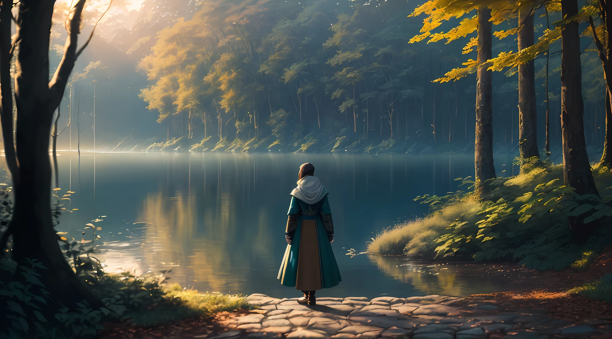 Exaggerated top-down view, a dense forest with a lake in the middle, several people standing by the lake, the person in the middle wearing a black cloak, sunset, (dark shot: 1.1), epic realism, halo portrait, sunglasses, by Greg Rutkowski, by Greg Tocchini, by James Gilleard, by Joe Fenton, by Kaethe Butcher, Greg Rutkowski and Artgerm's artwork, soft cinematic light, adobe lightroom, photolab, HDR, intricate, very detailed, (depth of field: 1.4), faded, (neutral: 1.2), (HDR: 1.4), (Pastel Colors: 1.2), Ultra Detail, (ArtStation: 1.4), Film, Warm Light, Dramatic Light, (Intricate Details: 1.1), (Rutkowski: 0.66), (Teal and Orange: 0.4)