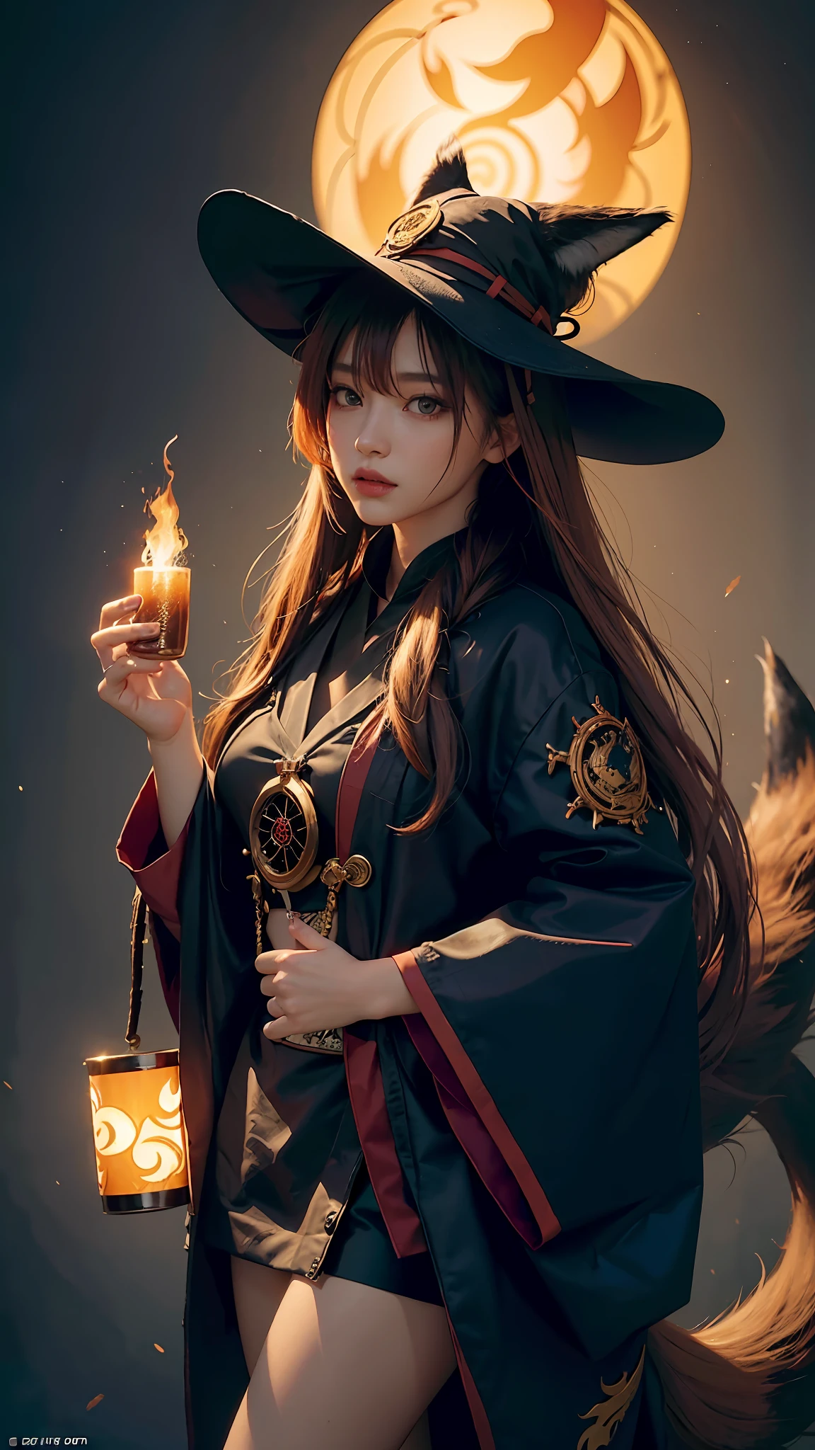1girl,solo,
official art, unity 8k wallpaper, ultra detailed, beautiful and aesthetic, beautiful, masterpiece, best quality,
Kitsune witch, fox mask, haori jacket, foxfire spell, fox familiar, transformation,