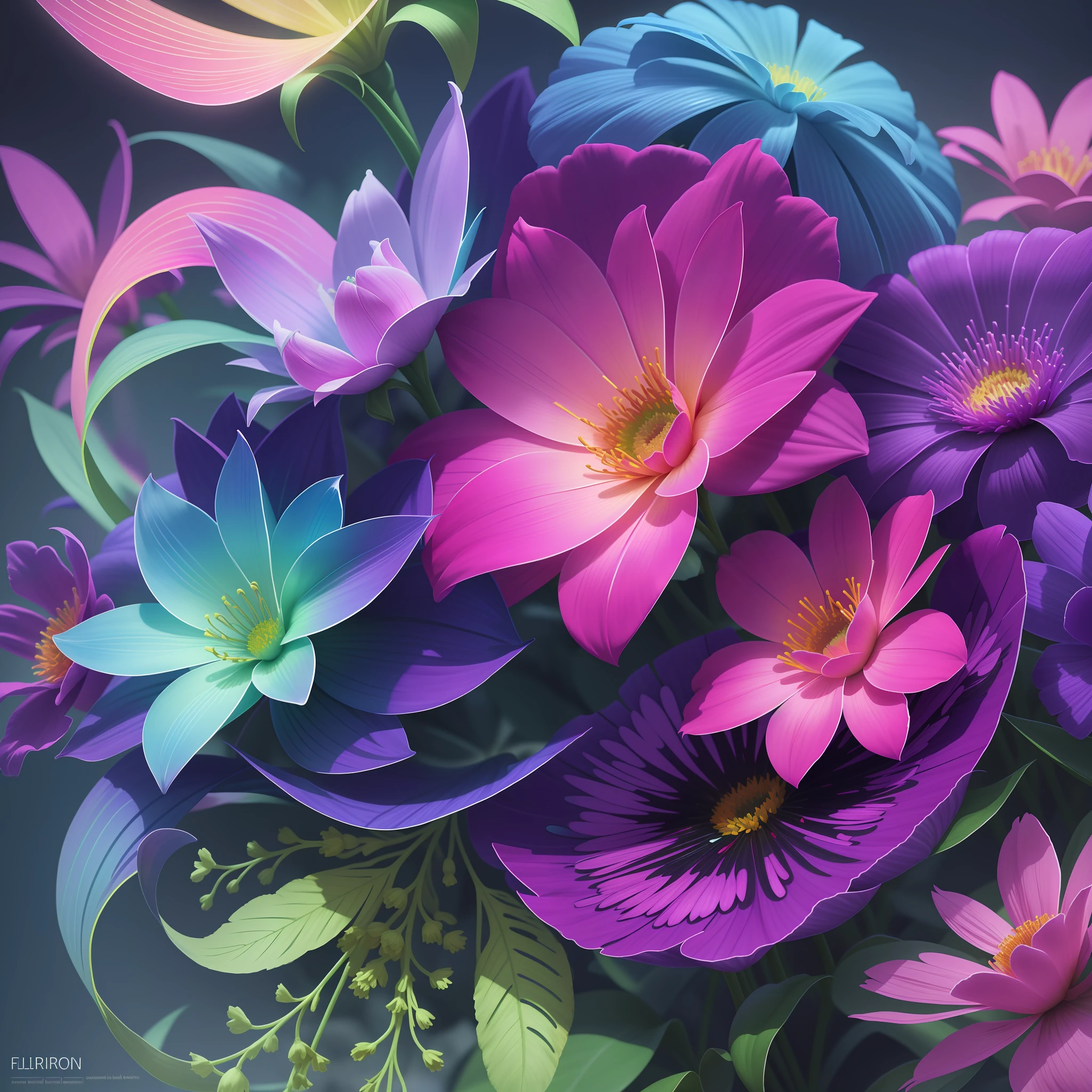 Create images, realistic photos, visual identity with the floriculture theme, bright and vivid flowers, stunning colors and neon sparkles