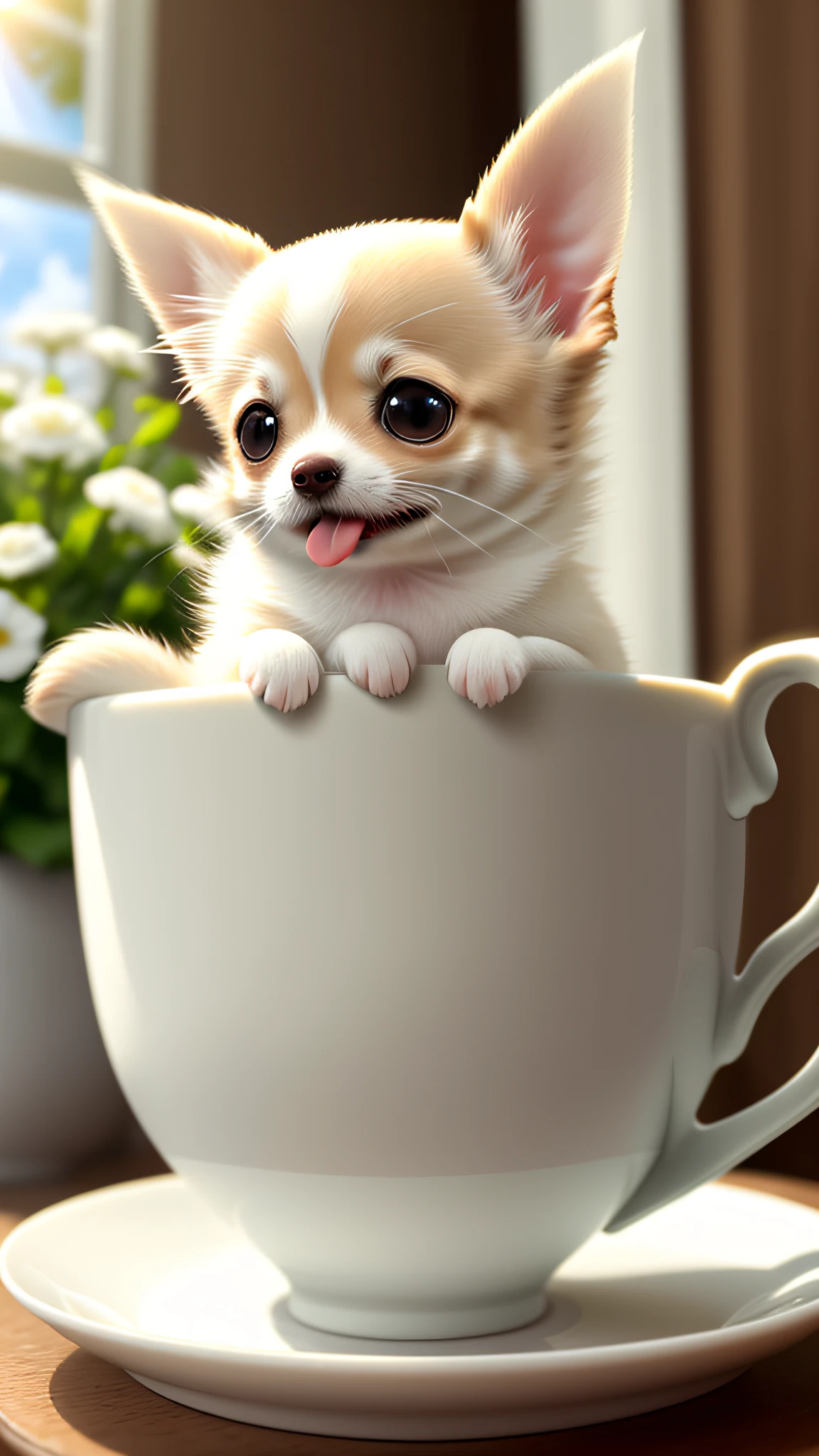 Long coat Chihuahua of white-cream color, (small)))), in a teacup, face out, tongue-sticking out front paws sticking out of teacup, 8k, professional photo, delicate, clear, on the table, in the house, sunshine, light leak, masterpiece, ((((pretty)))