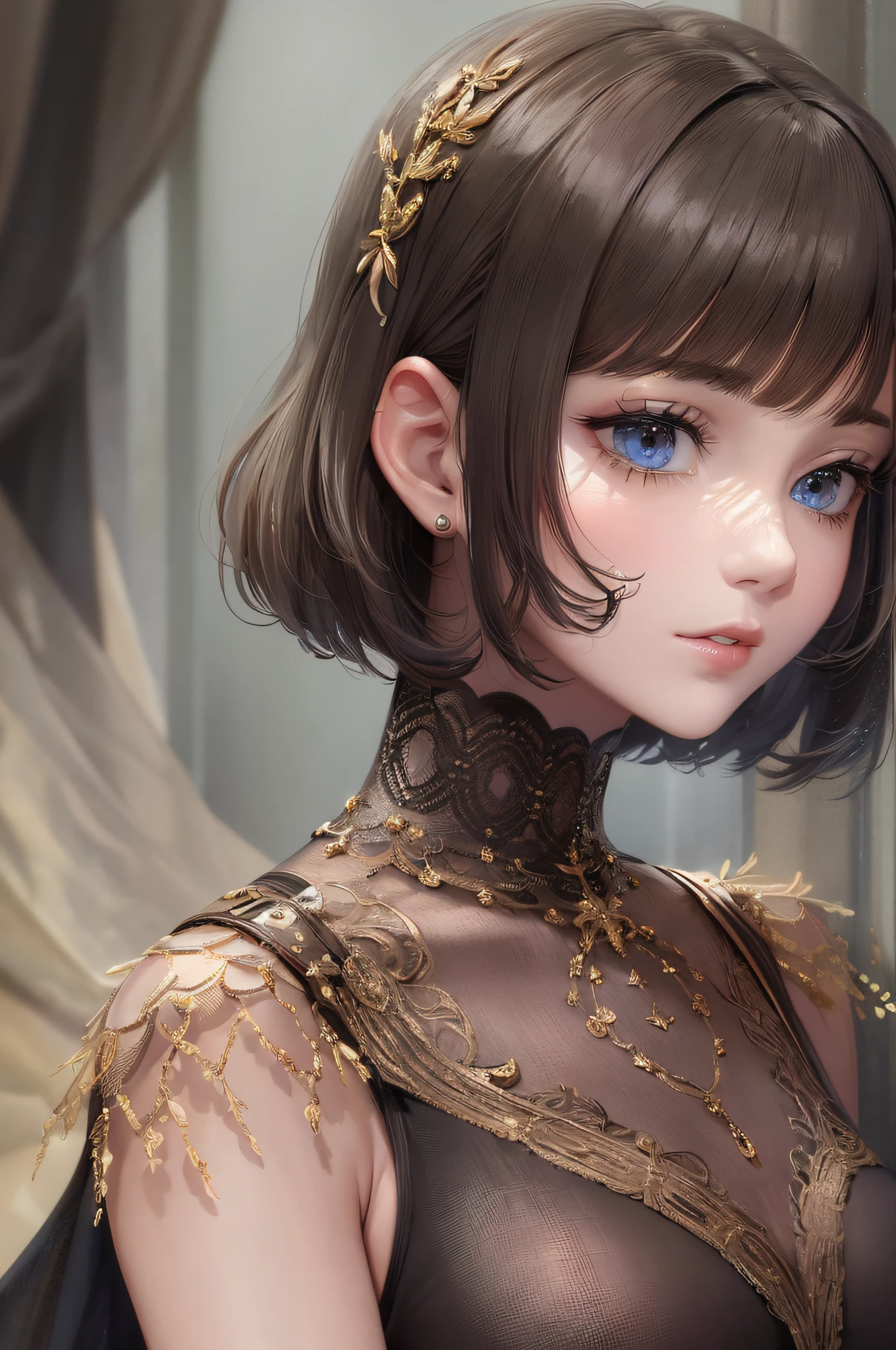 The best work with high quality. High-resolution 8K cinematic atmosphere. Beautiful and perfect face. Bobcut. Maxi dress. Complex and detailed structure. Very detailed. Image of one woman.