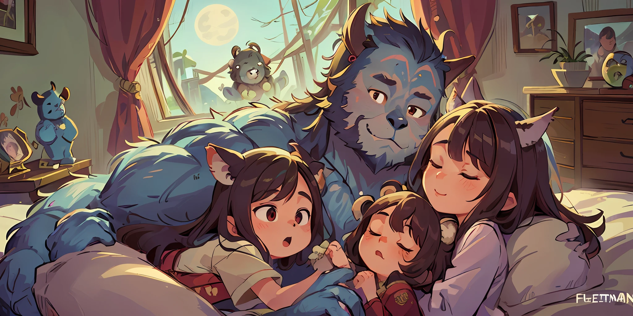 Top quality, family photo, movie poster (bedroom, full moon visible from window) (very detailed beautiful face and eyes) Perfect anatomy ((((beastman)))) (beastman, pajamas, happily sleeping family, father and mother lovingly holding their daughter, father and mother kissing) (furry antro: 1.2) (animal facial features of furry body) (animal muzzle very detailed fur) portrait, smile (dynamic pose),