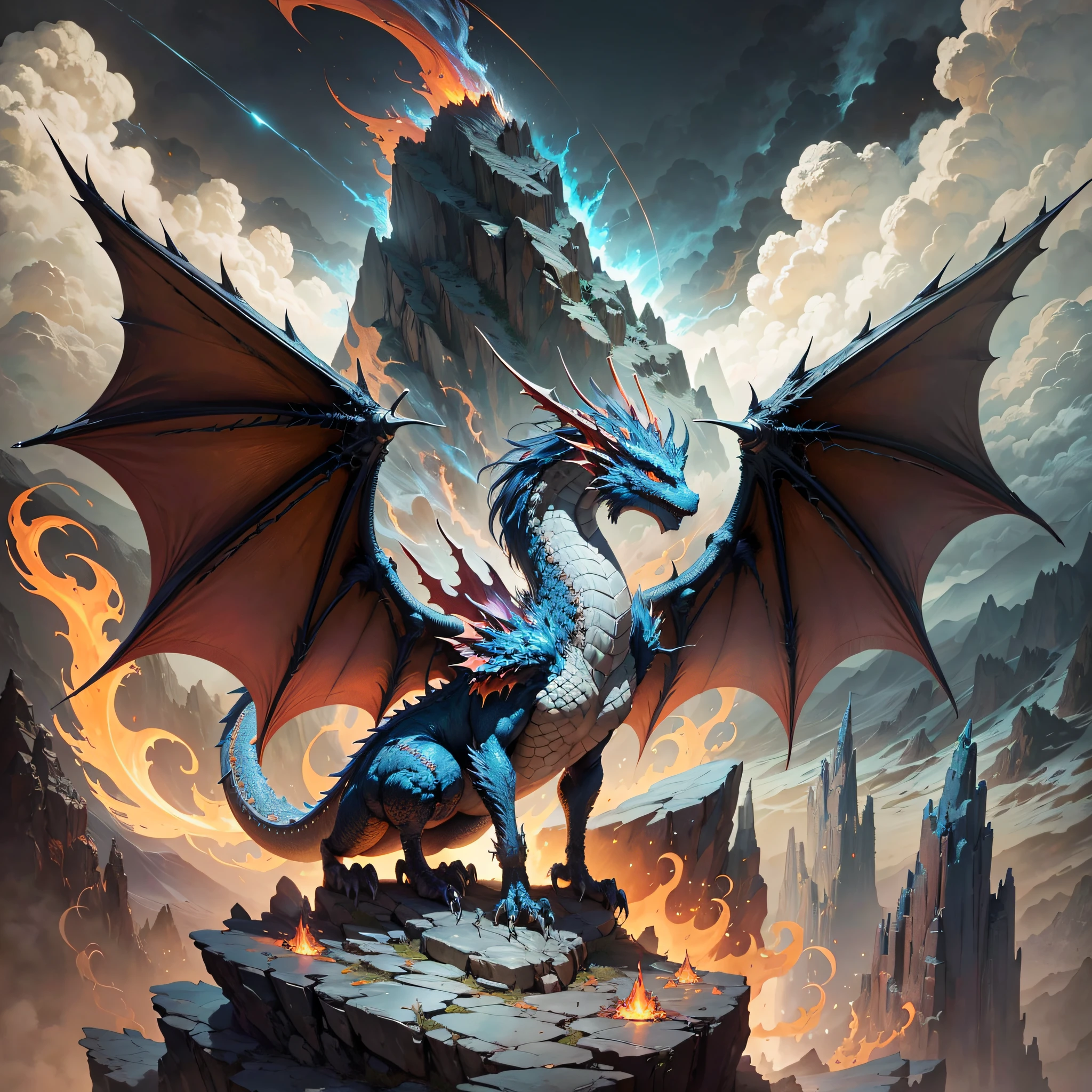 (fantasy art) A majestic dragon perched atop a mountain peak, with its wings spread wide and flames erupting from its mouth. The surrounding landscape is rugged and desolate, with jagged rocks and dark clouds in the sky. The overall style is reminiscent of the works of Frank Frazetta. (high resolution) --auto --s2