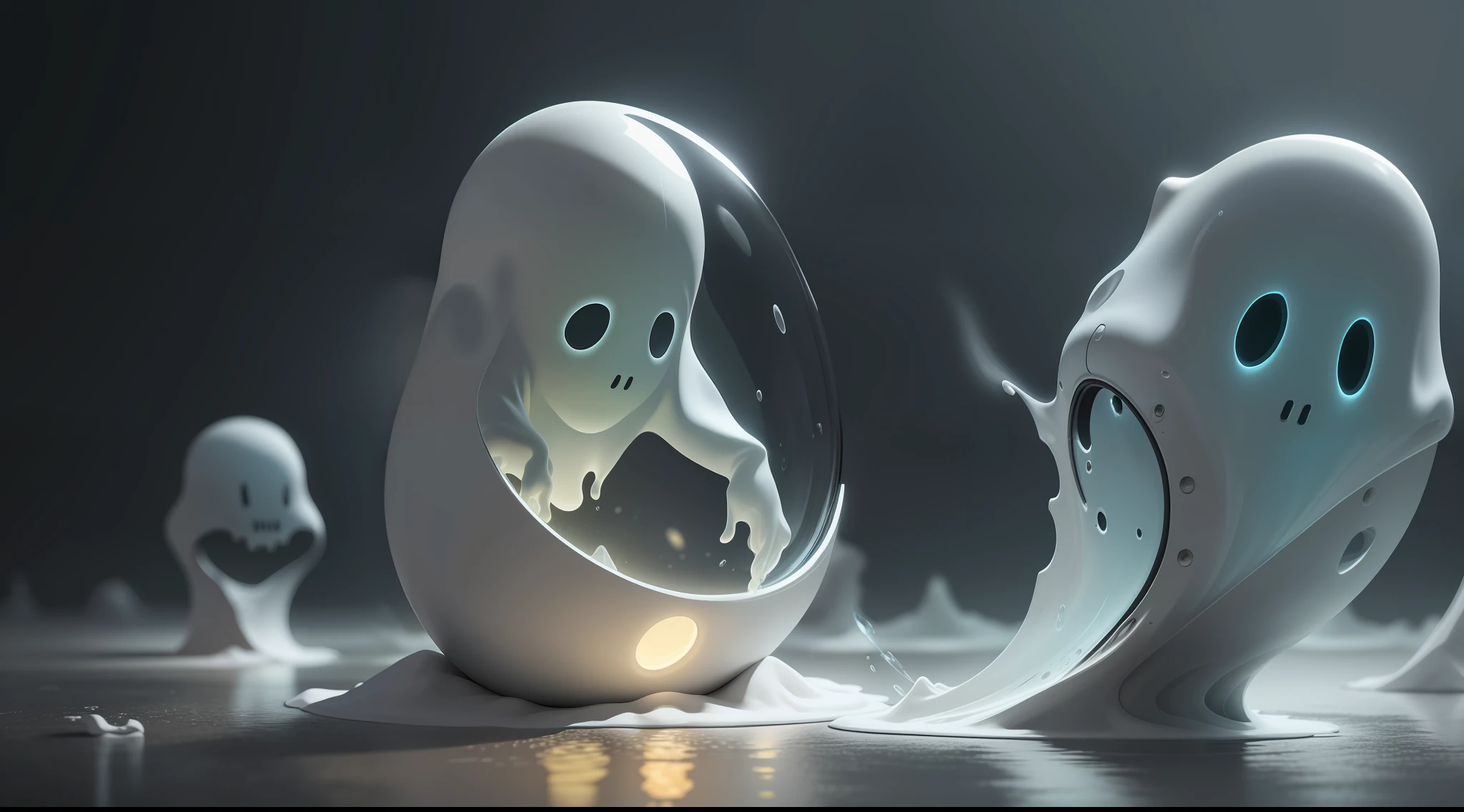 ghosts fluids, realistic image, lights, lighting,  high details, 8k, high-quality:: dof, --ar 2:1