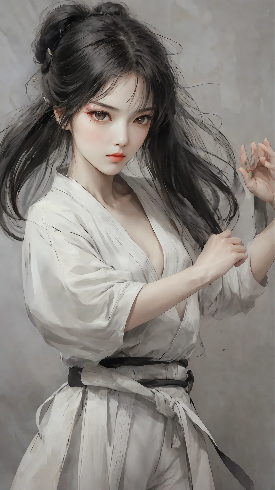 A close-up of a woman with black hair, martial arts style, white clothes, face delicate and colorful, light color, fierce eyes, martial arts style, national style, delicate and beautiful face, waist seal, sharp eyes