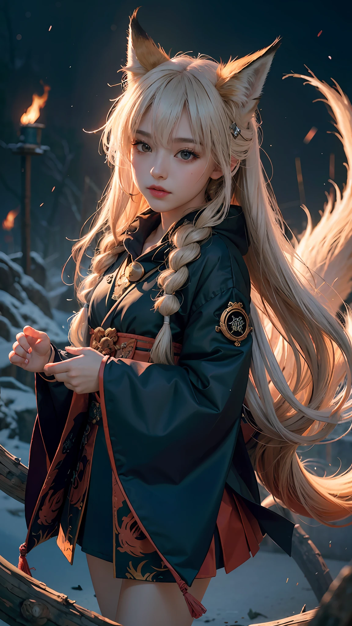 1girl,solo,
official art, unity 8k wallpaper, ultra detailed, beautiful and aesthetic, beautiful, masterpiece, best quality,
Kitsune witch, fox mask, haori jacket, foxfire spell, fox familiar, transformation,