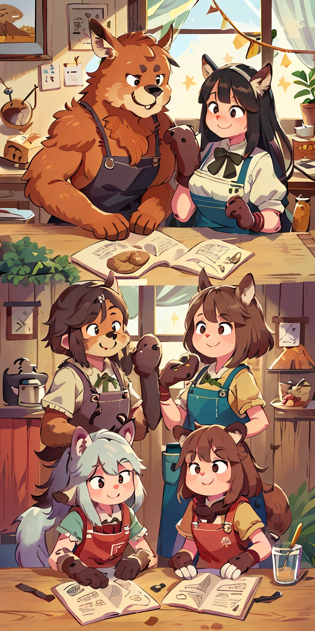Top quality, postcards, movie posters (log cabins, kitchens) (very detailed beautiful faces and eyes) Perfect anatomy ((beastmen) (beastmen, aprons, mittens, wife cooking sweets, husband cuddling from behind) (furry antro: 1.2) (animal facial features of furry bodies) (animal muzzles very detailed fur) whole body, two people staring at each other, smiling ( Dynamic Pose),