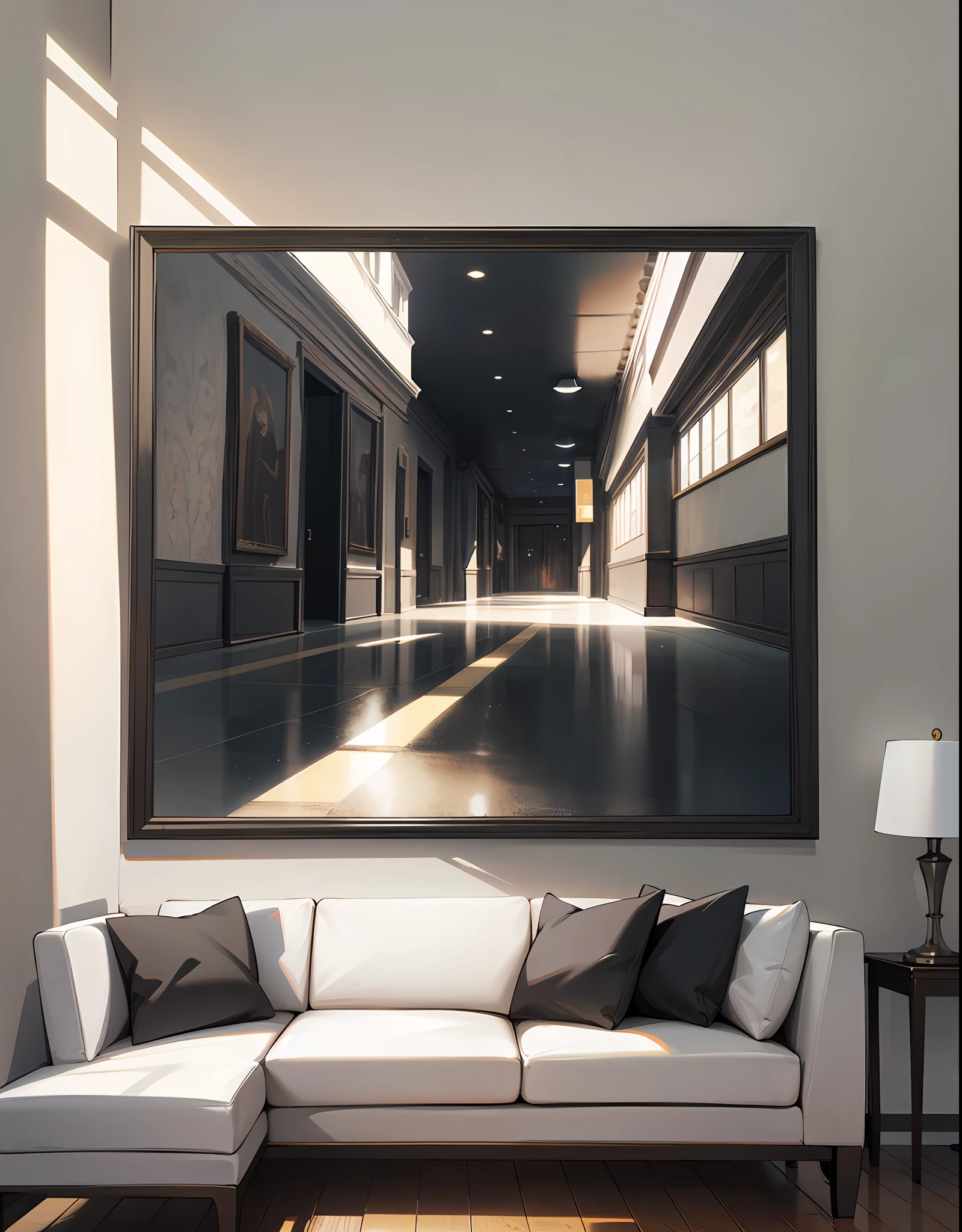 very large picture with black frame on wall at home hallway background --auto --s2