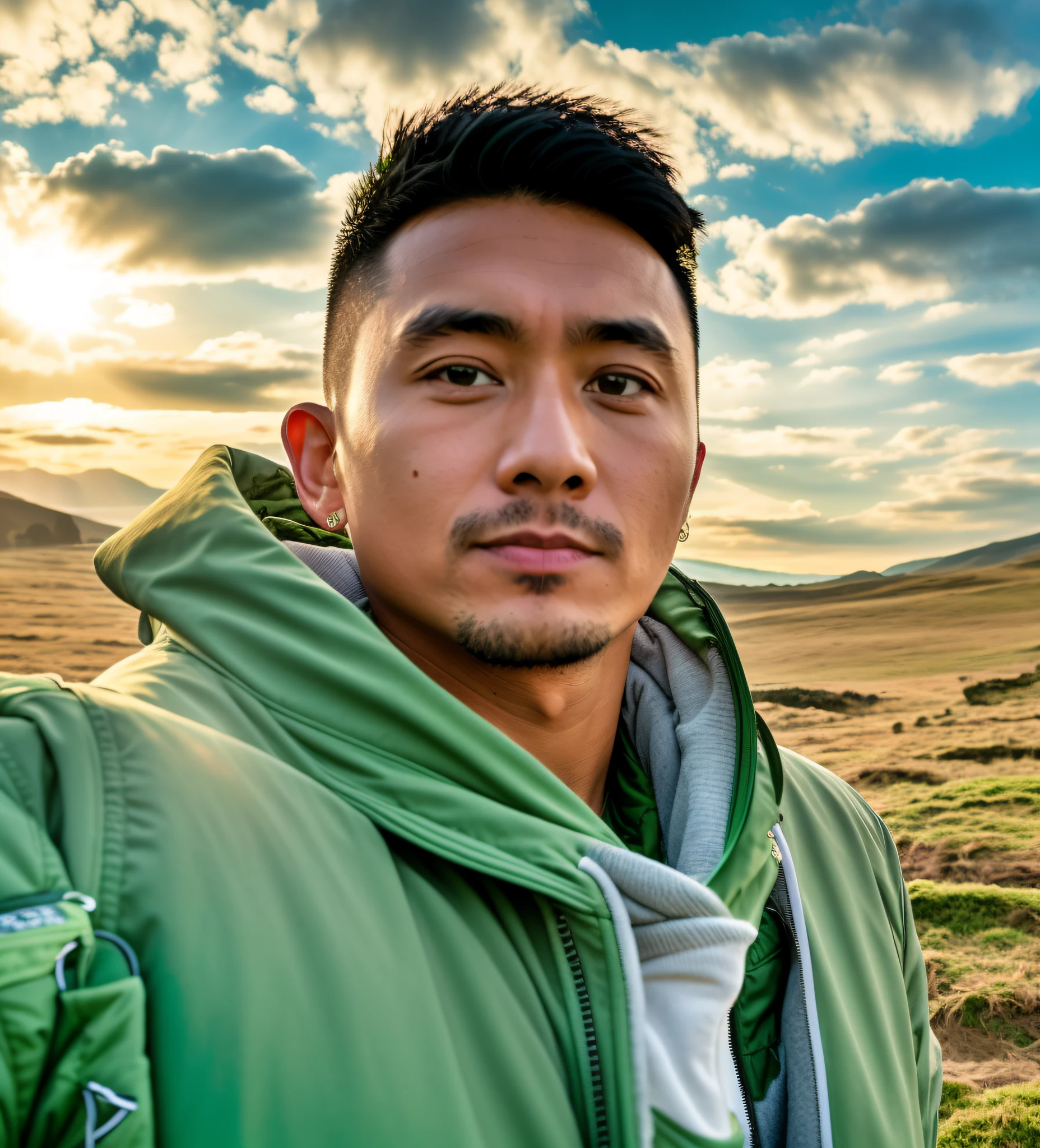 Green jacket man standing in the field, Wu Kequn