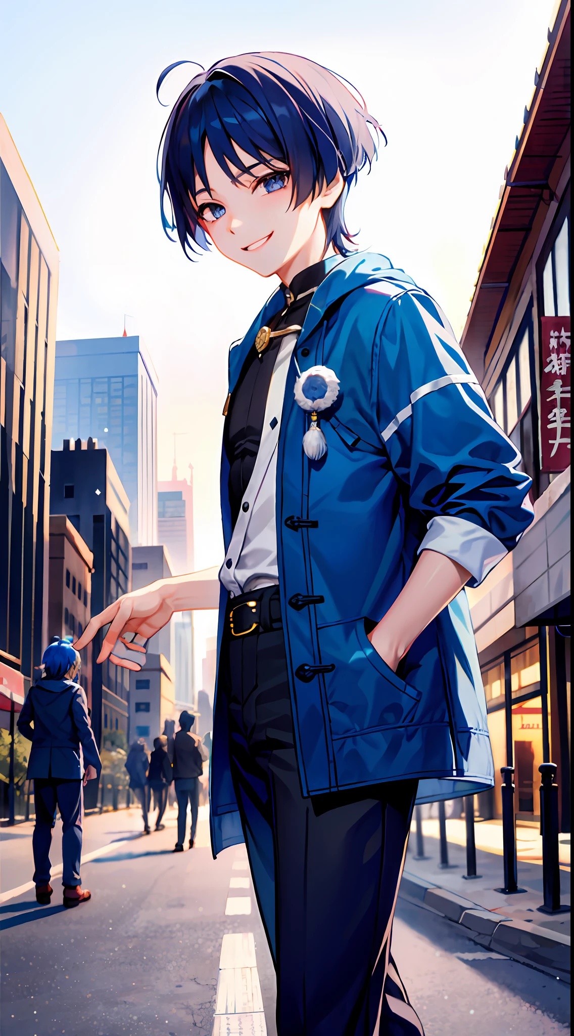(morning), 1boy, 独奏, 看着观众, winter, cowboy shot, (downtown), smile, blue hair