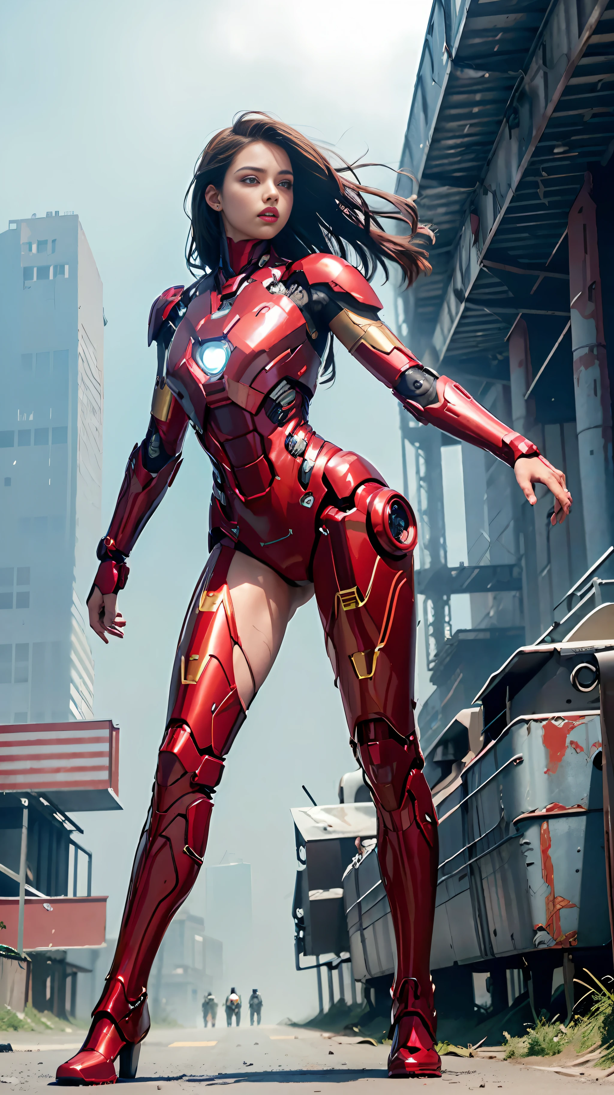 RAW, Masterpiece, Ultra Fine Photo,, Best Quality, Ultra High Resolution, Photorealistic, Sunlight, Full Body Portrait, Stunningly Beautiful,, Dynamic Poses, Delicate Face, Vibrant Eyes, (Side View) , she is wearing a futuristic Iron Man mech, red and gold color scheme, highly detailed abandoned warehouse background, detailed face, detailed and complex busy background, messy, gorgeous, milky white, high detailed skin, realistic skin details, visible pores , sharp focus, volumetric fog, 8k uhd, dslr camera, high quality, film grain, fair skin, photorealism, lomography, sprawling metropolis in futuristic dystopia, view from below, translucent