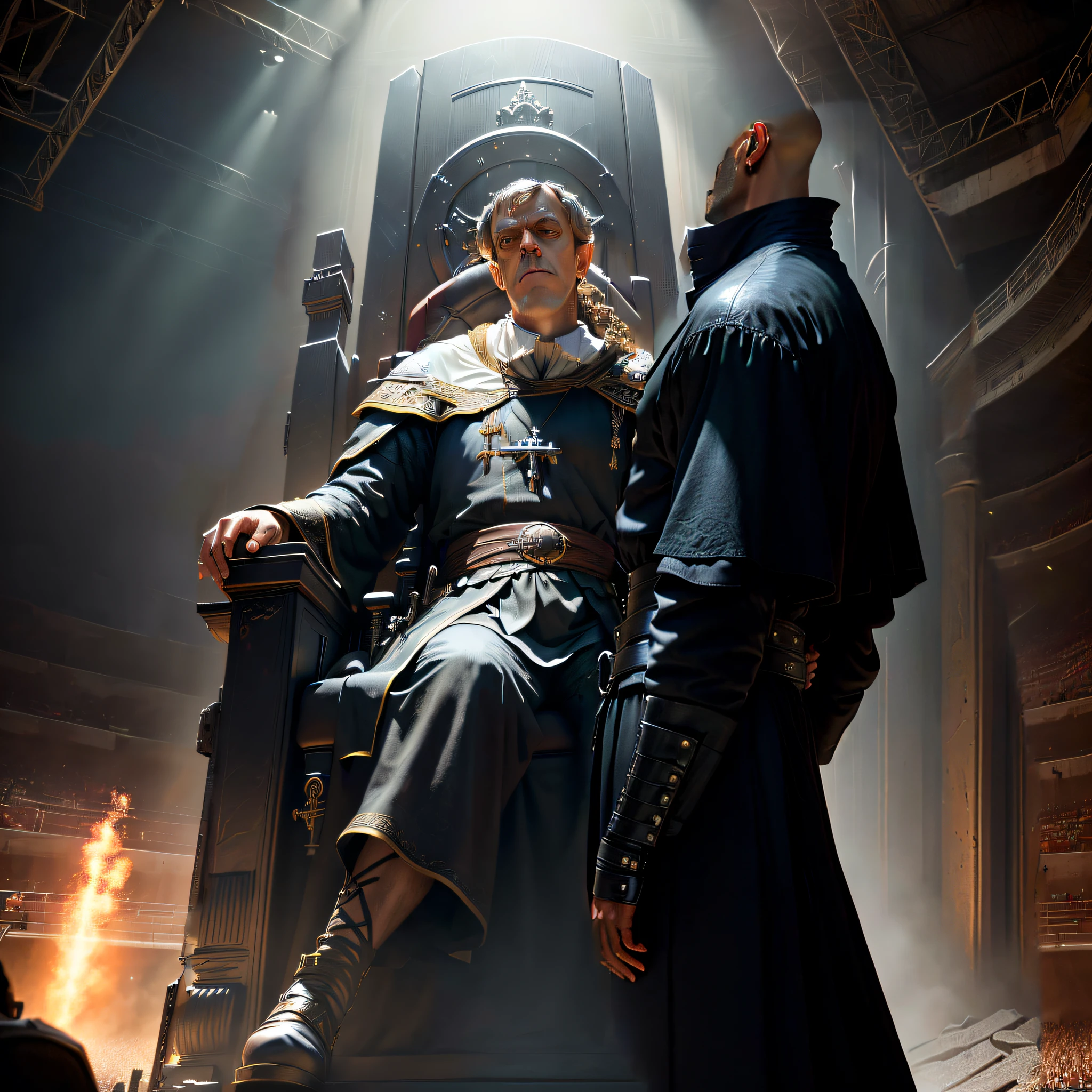(((tall))) back of the head of(morpheus from the matrix 1999) with gray zion chlothes profile, looking left ((morpheus from matrix face)), the matrix (1999), 80mm, ((western animation)), (morpheus the matrix (1999)) arguing, (bald), (man giving heated speech), (simple roughed wears), (((laurence fishburne))), sad, frustrated, screaming, (((dressed in biblical times clothes))), black bald man, (((looking away)))