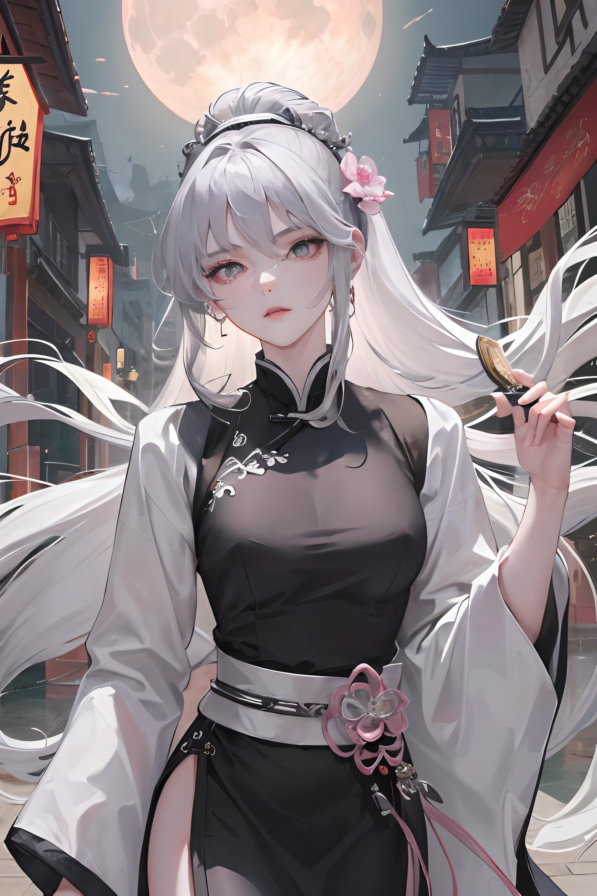 Masterpiece, Best Quality, Night, Full Moon, 1 Girl, Mature Woman, Chinese Style, Ancient China, Sister, Royal Sister, Cold expression, expressionless face, Silver white long haired woman, Light pink lips, Calm, Intellectual, Three belts, Gray pupils, Assassin, Short knife, Flower ball background, Strolling in the street scenery