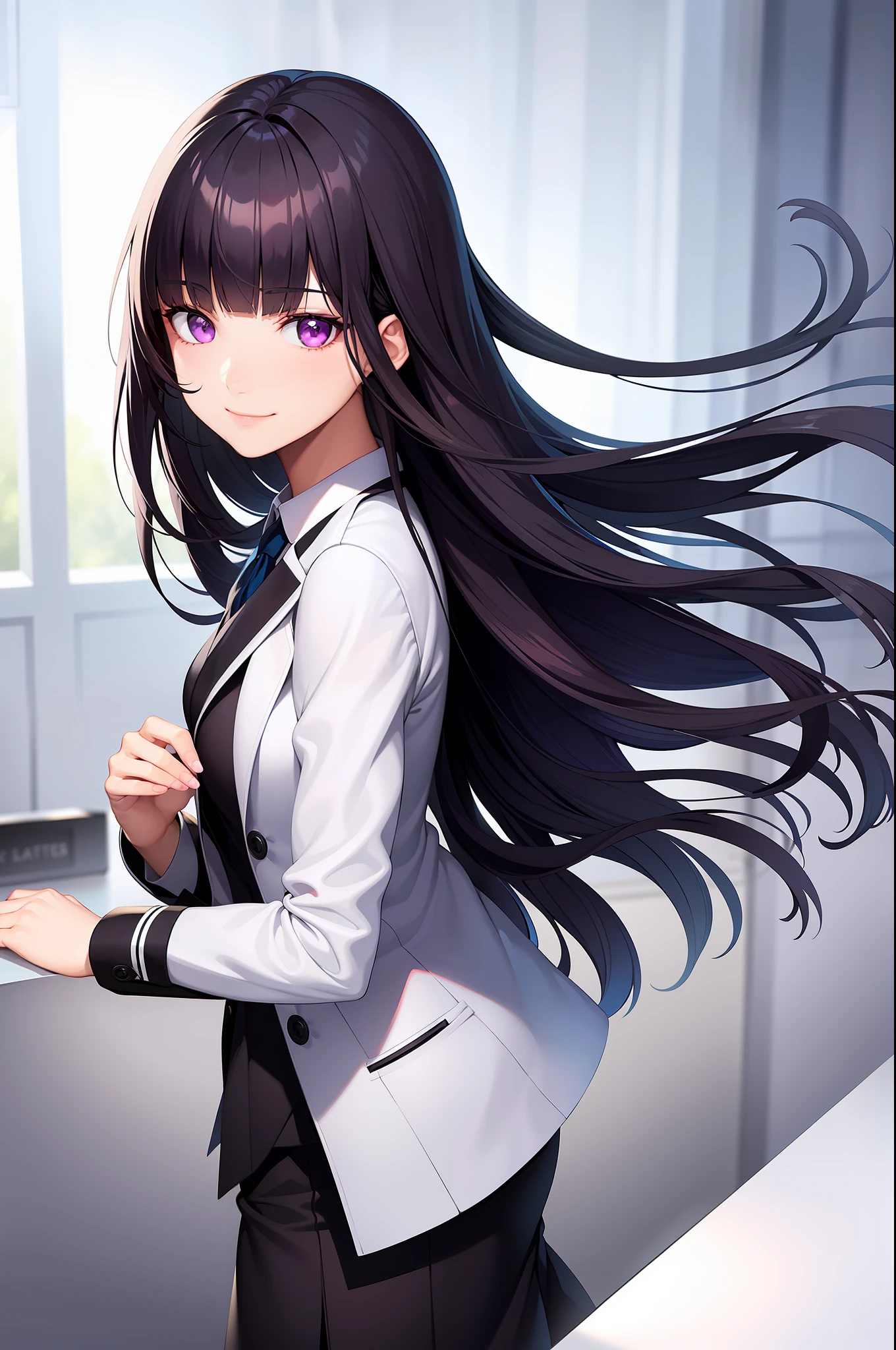 1girl, black hair, blunt bangs, long hair, purple eyes, pharmacist coat, bestquality, realistic, realism, smile, seductive