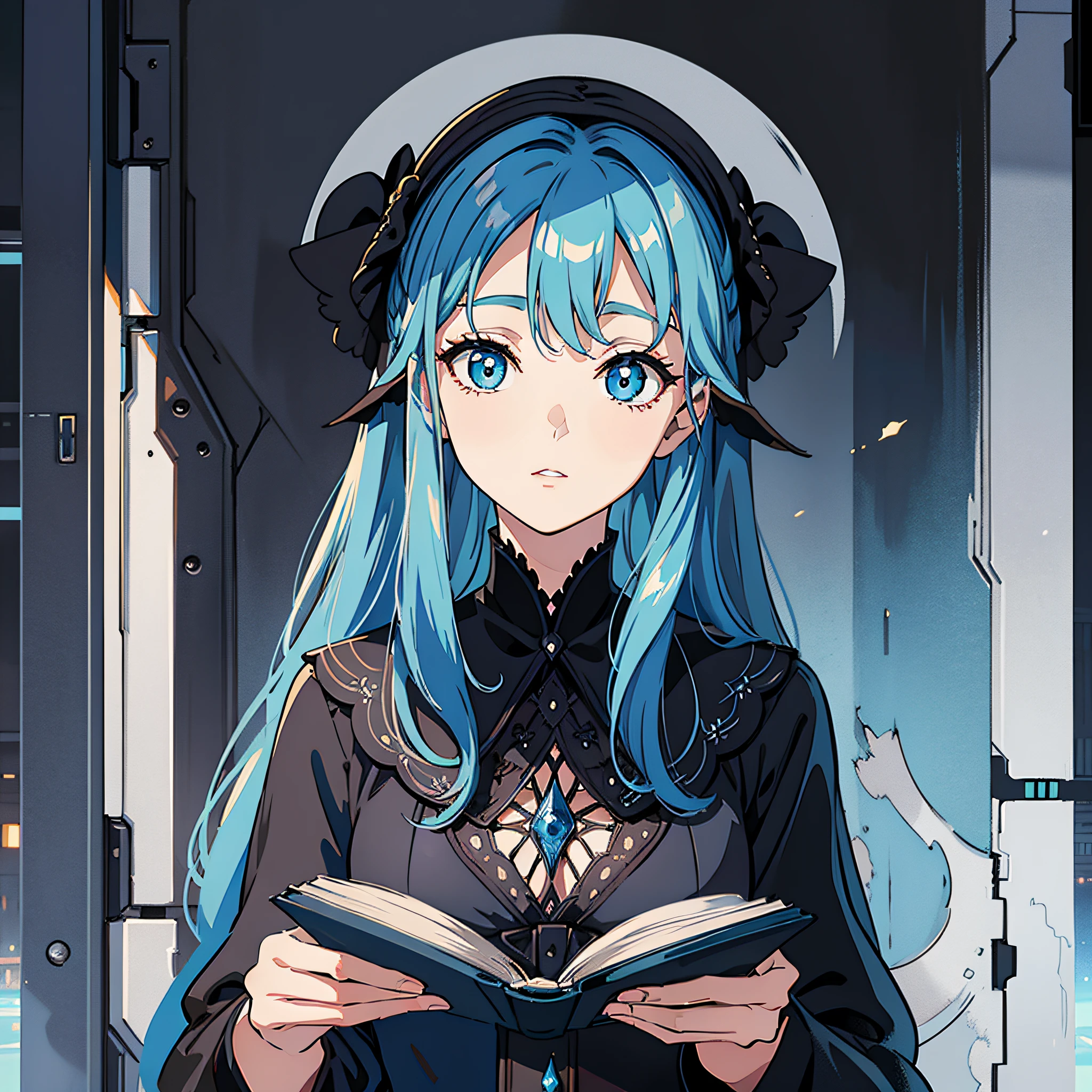 1 woman, (long blue hair), black pupils, delicate face, black dress, book in hand, background is a data ghost, surrealism, masterpiece, the best quality