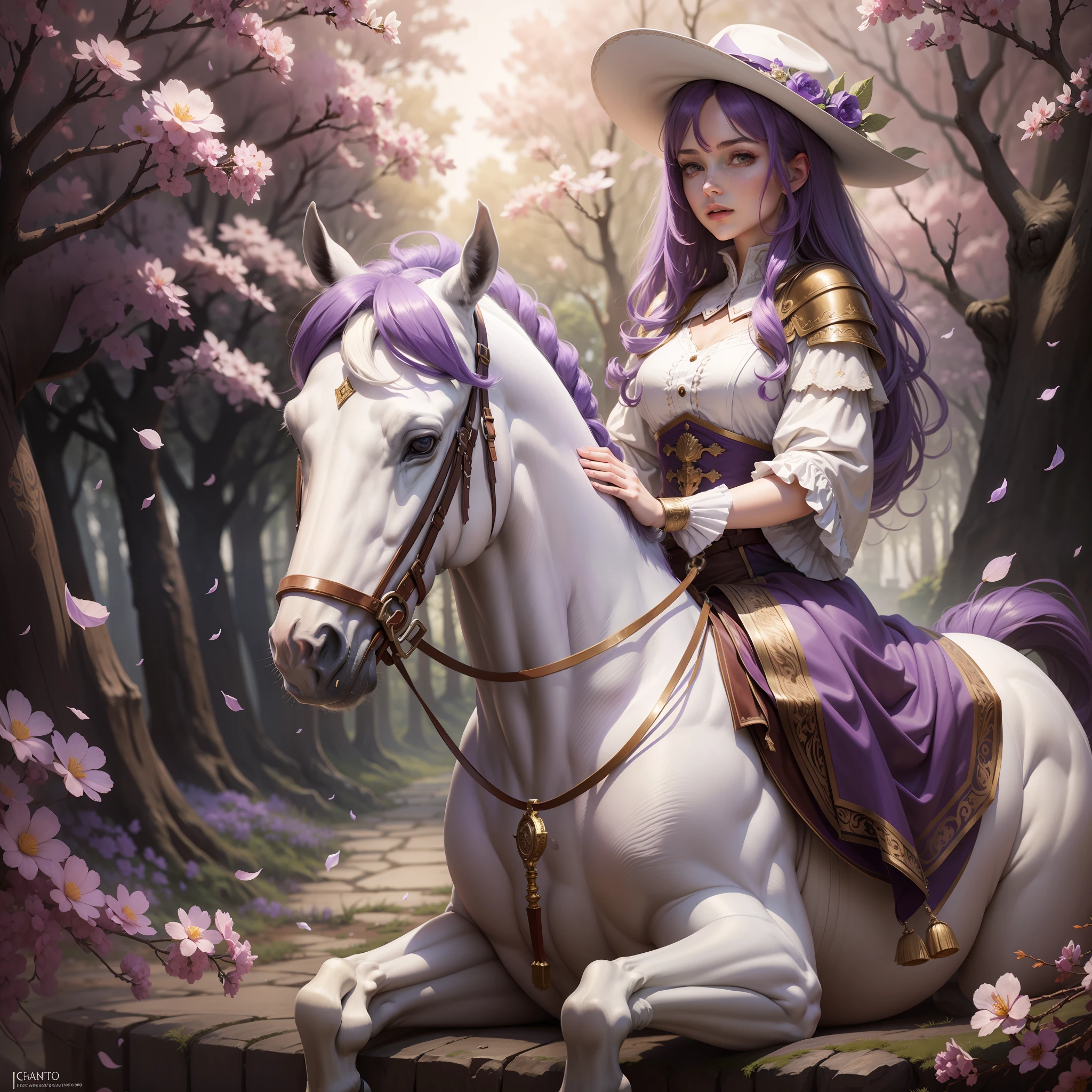 There is a purple-haired woman wearing a hat sitting on a gorgeous white horse, 8k detailed art of high quality