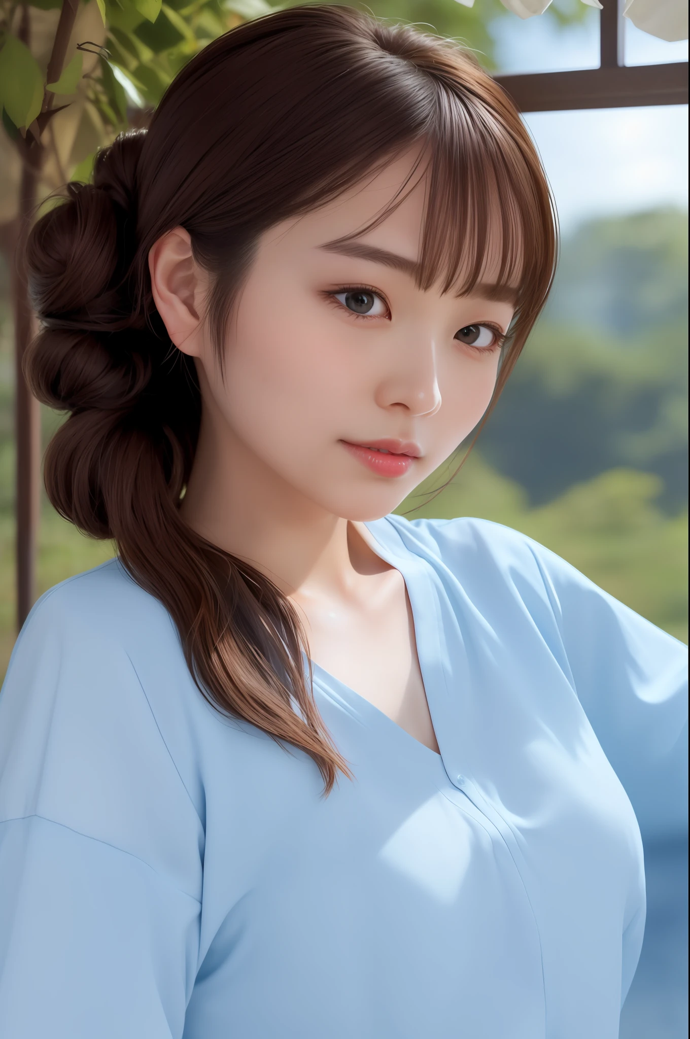 (portrait: 1.4), masterpiece, best quality, high resolution, long brown updo, (looking at viewer: 1.3), jewelry barrette, breasts, temples with clouds, outside, (song style, song Clothing, Song and Han clothing printed in light blue: 0.9 ), Saiga 1