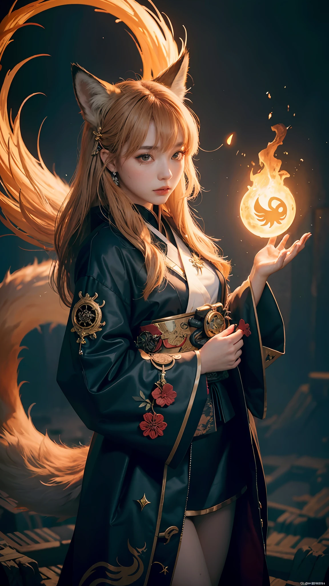 1girl,solo,
official art, unity 8k wallpaper, ultra detailed, beautiful and aesthetic, beautiful, masterpiece, best quality,
Kitsune witch, fox mask, haori jacket, foxfire spell, fox familiar, transformation,