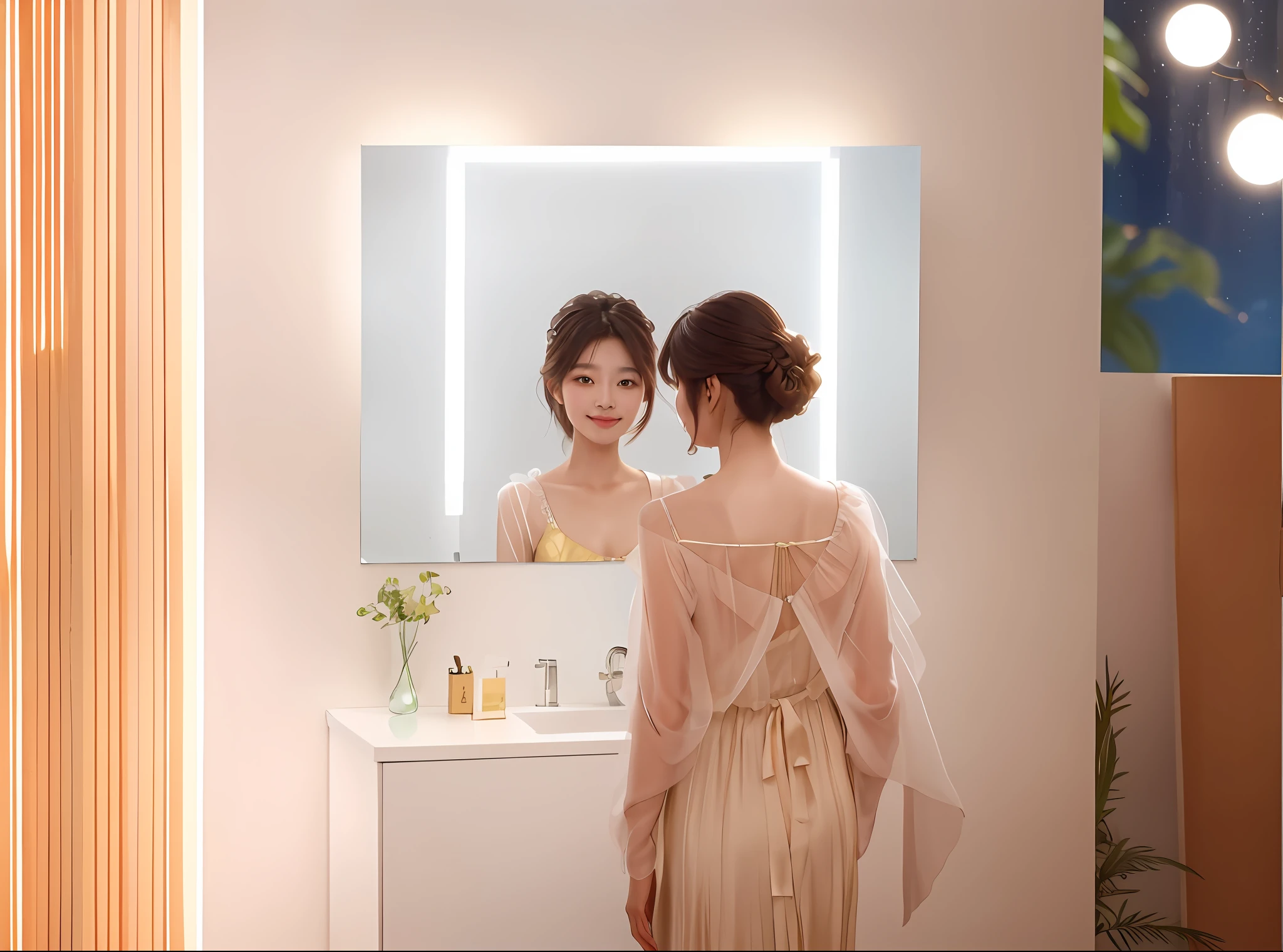 There is a woman in a dress looking at the reflection in the mirror, smile, high detail, UHD, textured skin, best quality, highres, super detail, high quality, mirror, morning light, korean artist, product photo, siena, morning light, morning light, glowing scene, halo, product introduction photo, radiant morning light, golden guard, with mirror