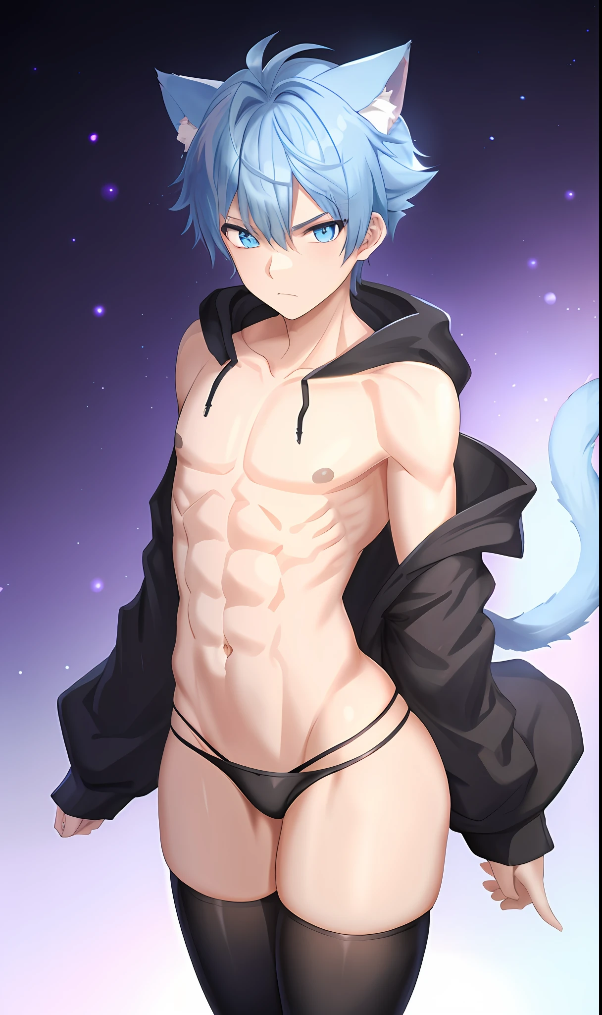 1boy, sharp cat ears, fluffy cat tail, ice blue hair, black hoodie, booty shorts, blue eyes, black thigh highs