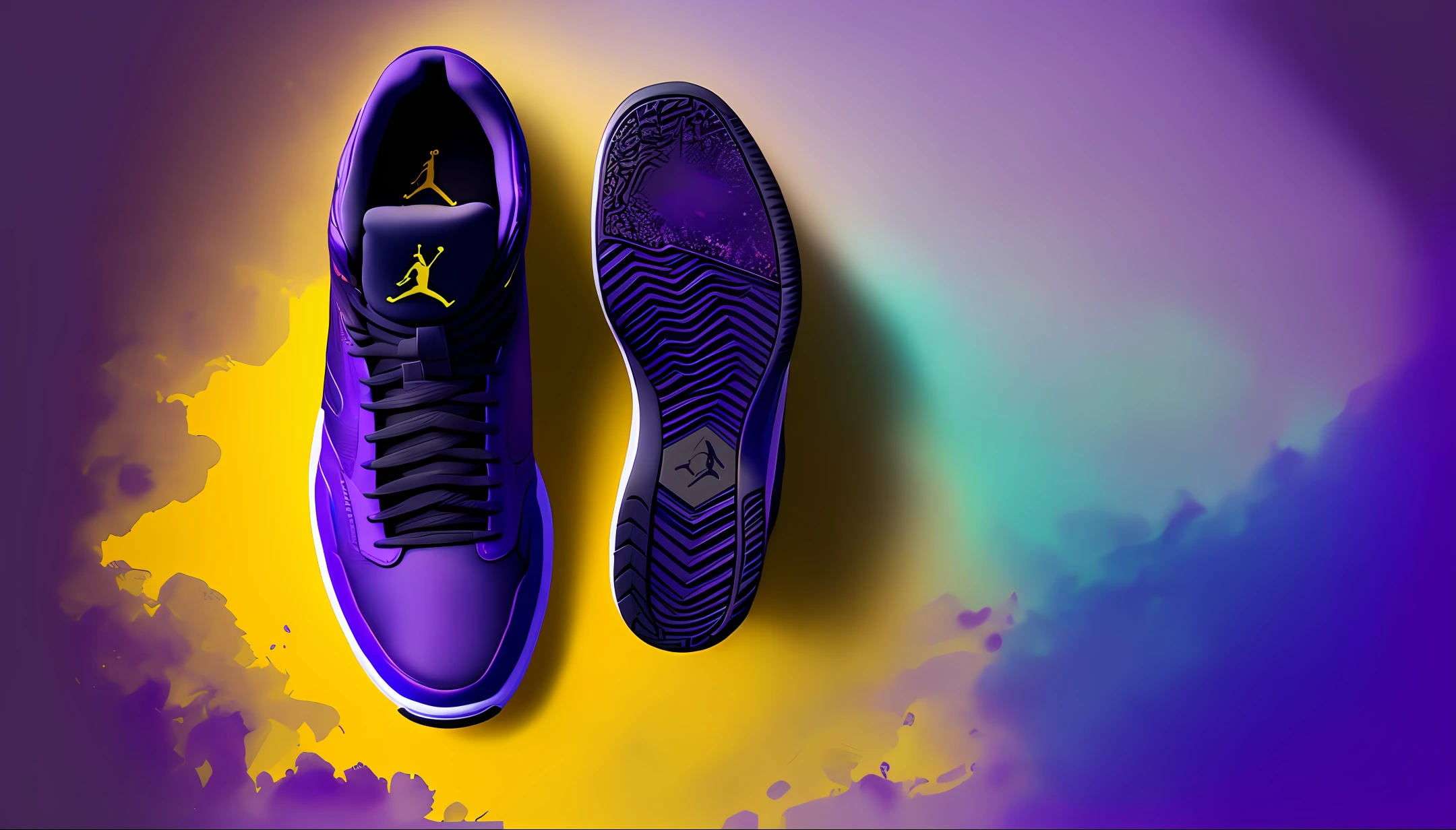 Jordan shoe, aerial view, 1:2, purple color with gold, floating, background with rays, blooming lighting with neon, 8k, hdr,watercolor style