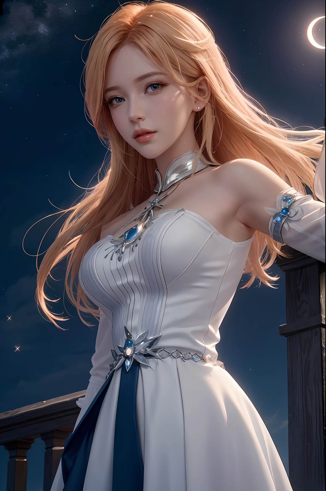 hair red gradient blonde, night sky, detailed face, face focus, shiny skin, game cg, nigh sky, moonlight, moon, white gloves, magical girl beauty in dress glass, Intricate Surface Detail, Crystal Core , Ethereal Fantasy, Realistic, Fiction, Full-HD, 8K Photo