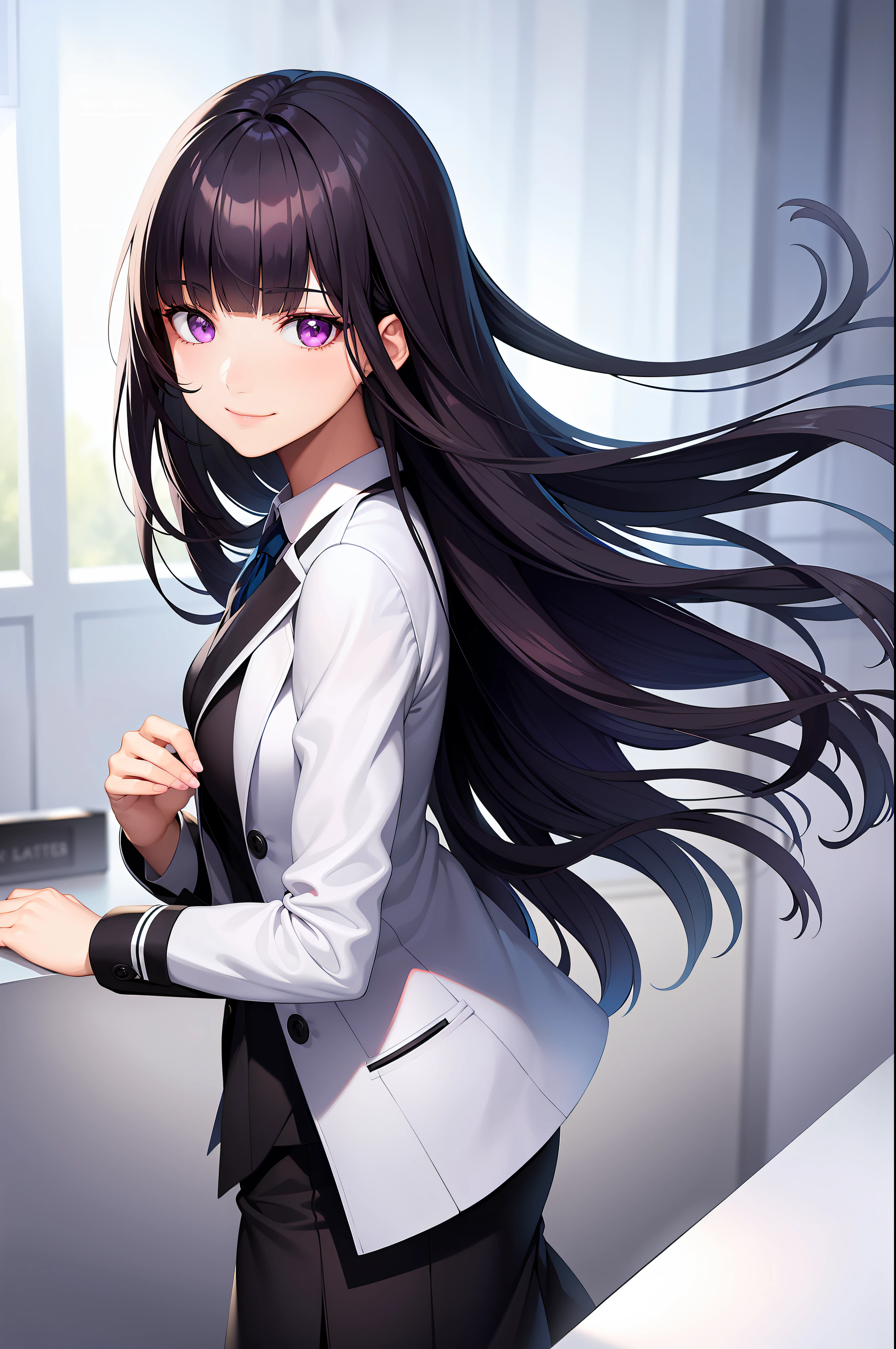 1girl, black hair, blunt bangs, long hair, purple eyes, pharmacist coat, bestquality, realistic, realism, smile, seductive