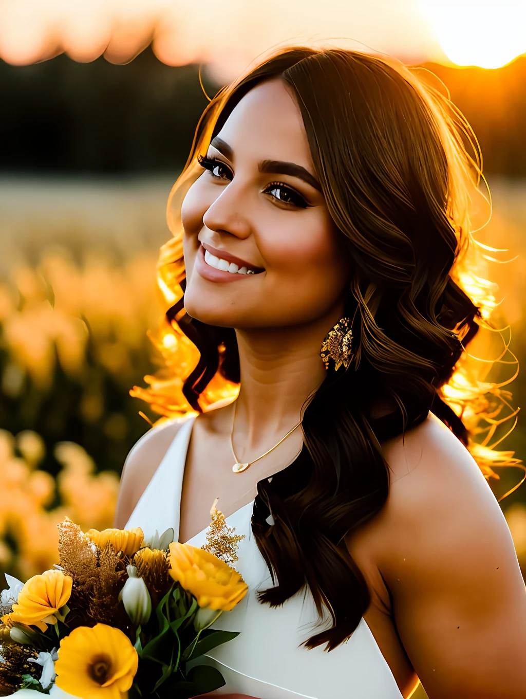 An insanely beautiful woman in a gold dress smelling a bouquet of flowers, light brwon windy hair, soft golden hour lighting, in the golden hour, golden hour sunlight, bathed in golden light, golden hour light, soft golden light, golden morning light, at the golden hour, at golden hour, golden hour lighting, gold hour light, golden hour sun, ( golden hour ), (golden hour)
