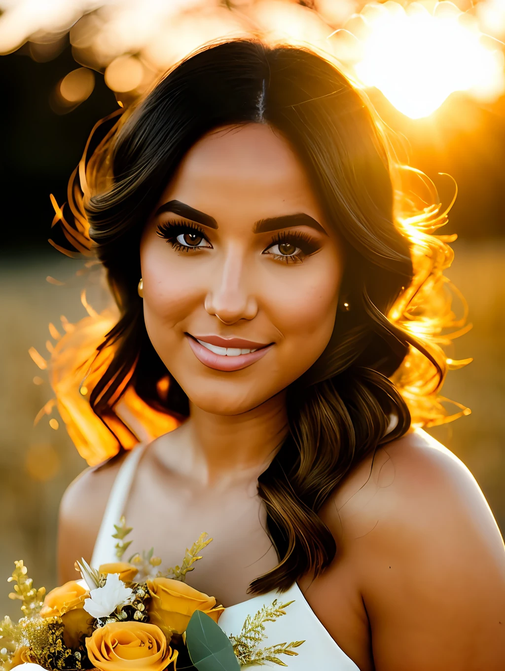 An insanely beautiful woman in a gold dress smelling a bouquet of flowers, light brwon windy hair, soft golden hour lighting, in the golden hour, golden hour sunlight, bathed in golden light, golden hour light, soft golden light, golden morning light, at the golden hour, at golden hour, golden hour lighting, gold hour light, golden hour sun, ( golden hour ), (golden hour)